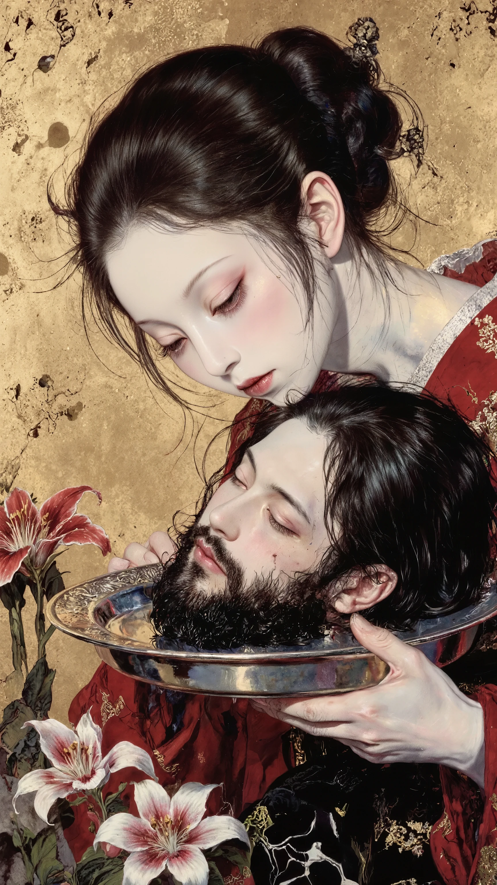 A painting depicting a profile angle, focusing on the side view, rendered in a style blending Renaissance and Japanese painting techniques. Inspired by Salome holding the head of John the Baptist. The woman possesses translucent white skin and delicate features, her long,traditional japanese oiran headdress,up hairstyle,messy straight black hair flowing freely.A beautiful nape of the neck is visible,She wears a beautiful and sexy, enchanting kimono. The kimono's deep crimson and gold colors are stunning. (She holds a silver platter with both hands, upon which lies a man's severed head). His neck skin is pale blue, adorned with a thick, black beard. His eyes are closed, his expression serene. At the bottom of the background are red spider lilies,The background is Gustav Klimt style.The gold in the background glows faintly. Lighting emphasizes the woman and her expression. It evokes the characters' tragedy, powerfully conveying a religious and tragic beauty.A style strongly reminiscent of Gustav Klimt, The style recalls the Renaissance, suggesting classical influences, Beautiful melancholy atmosphere,Gothic elements, and a dramatic, romantic mood. It embodies the aesthetics of Japanese painting and explores themes of life and death.
by gustavklimt,xijie-gn,oiran