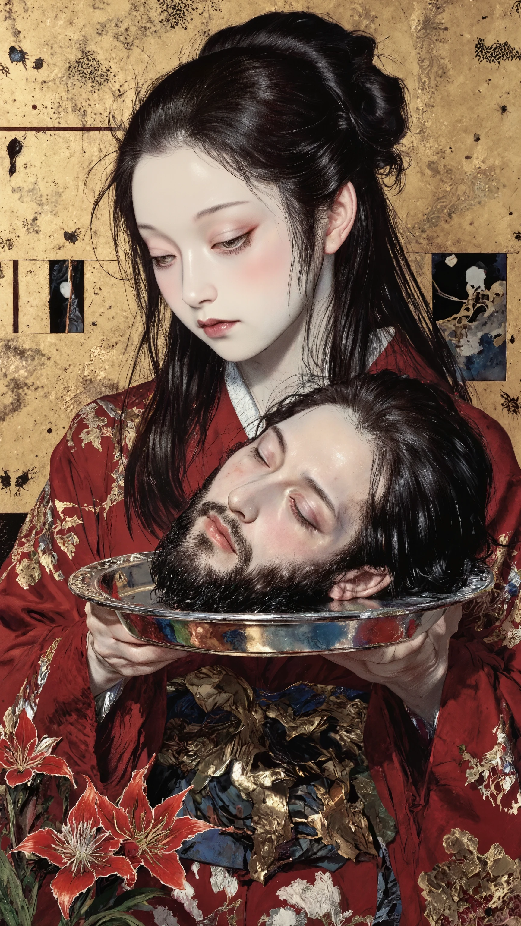 A painting depicting a profile angle, focusing on the side view, rendered in a style blending Renaissance and Japanese painting techniques. Inspired by Salome holding the head of John the Baptist. The woman possesses translucent white skin and delicate features, her long,traditional japanese oiran headdress,up hairstyle,messy straight black hair flowing freely.A beautiful nape of the neck is visible,She wears a beautiful and sexy, enchanting kimono. The kimono's deep crimson and gold colors are stunning. (She holds a silver platter with both hands, upon which lies a man's severed head). His neck skin is pale blue, adorned with a thick, black beard. His eyes are closed, his expression serene. At the bottom of the background are red spider lilies,The background is Gustav Klimt style. Lighting emphasizes the woman and her expression. It evokes the characters' tragedy, powerfully conveying a religious and tragic beauty.A style strongly reminiscent of Gustav Klimt, The style recalls the Renaissance, suggesting classical influences, Beautiful melancholy atmosphere,Gothic elements, and a dramatic, romantic mood. It embodies the aesthetics of Japanese painting and explores themes of life and death.
by gustavklimt,xijie-gn,oiran