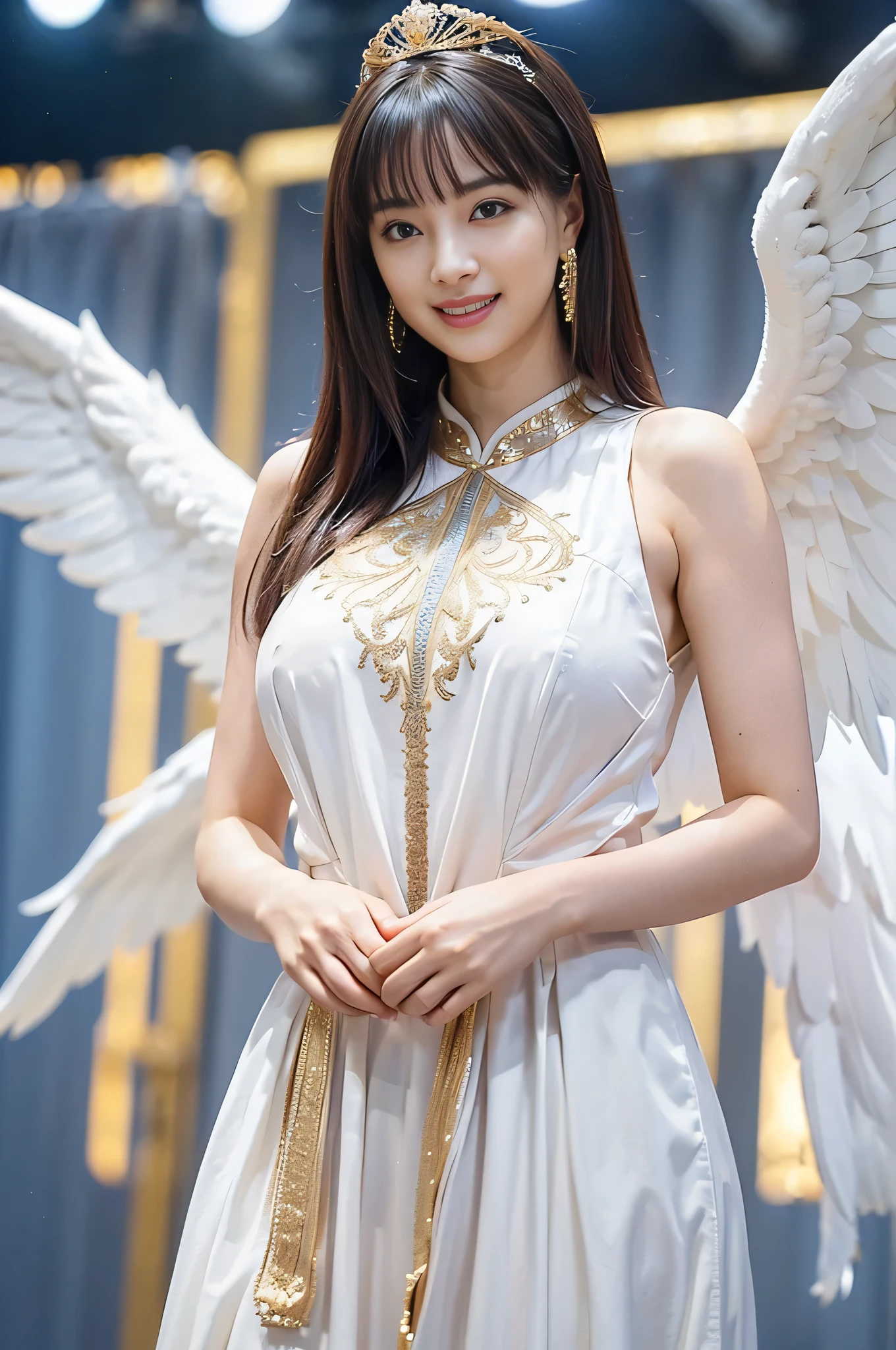 photorealistic, (hyperrealistic:1.2), beautiful, masterpiece, best quality, extremely detailed face, perfect lighting, nice hands, perfect hands, A divine and radiant angel in celestial splendor, (heavenly presence:1.2), (serene expression), (majestic wings), (ethereal glow:1.1), (peaceful and comforting), (transcendent beauty), (divine grace), (symbol of purity), (golden halo), (uplifting atmosphere), (celestial realm), (spiritual enlightenment), (gentle and protective), (illuminating light:1.2), (seraphic figure), (harmony and serenity), (angelic robes), (timeless and celestial), (captivating aura), (healing and guidance)