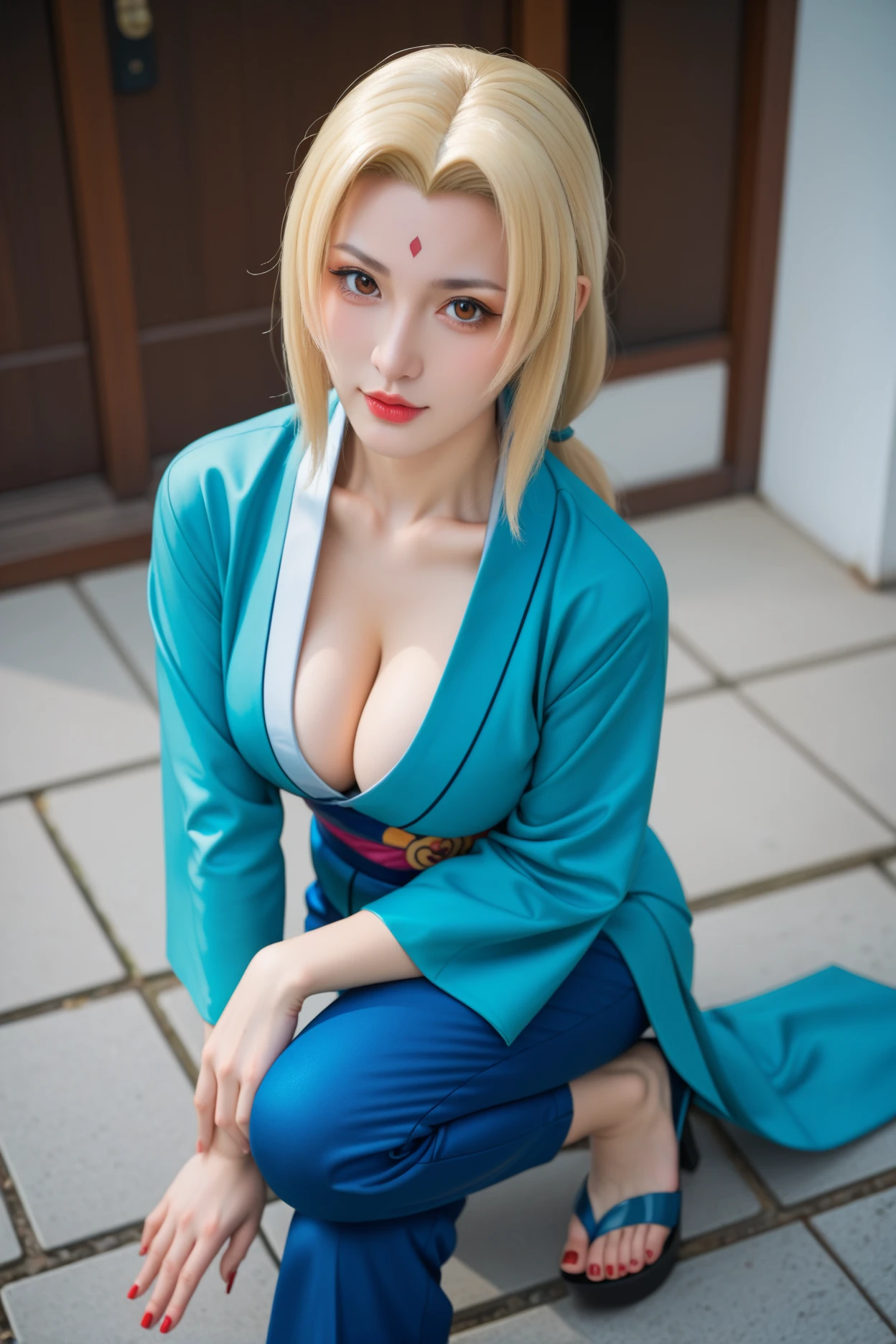 1girl, solo, long_hair, japanese_clothes, black_hair, kimono, headdress, shawl, Very_ Large_breasts, hair_ornament, jewelry, very_long_hair, mountain, cloud, sky, downblouse, very_low_claveage__half_of_breasts, showing_half_Very_large_breast, (8k, Best Quality, Masterpiece:1.2), (Realistic, Photorealistic:1.37), Ultra Detail, 1 Girl,Cute,Solo,Beautiful Detailed Sky,Date,(Blush),(Smile:1.15),(Closed Mouth)Small Breasts,Beautiful Detailed Eyes,(Long Hair: 1.2),Floating Hair NovaFrogStyle, Upper Body