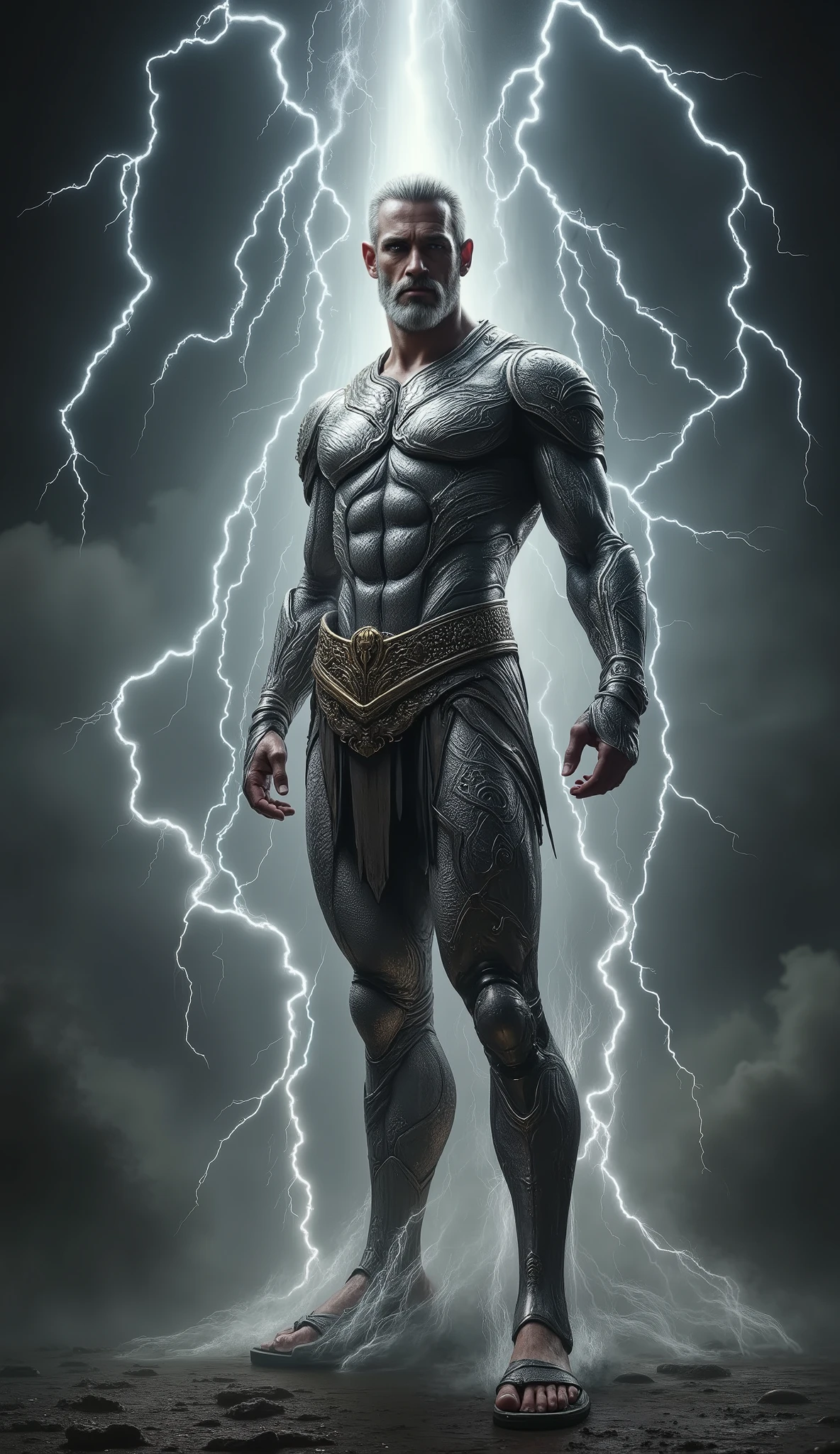 Zeus, lightning background, shining silver amor, skinny, slightlty baldness, moustache, sandal