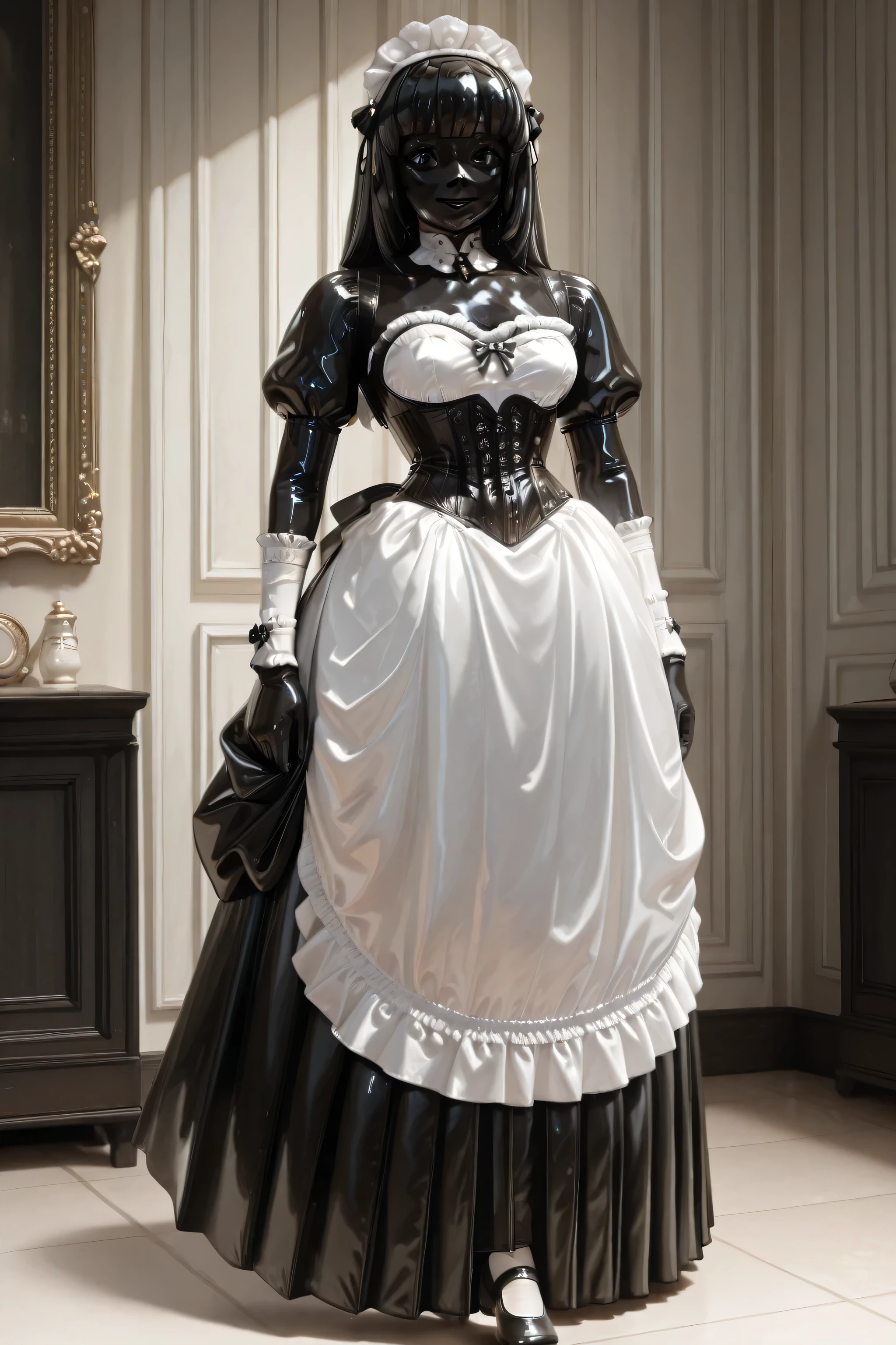maniajuns, black latex skin, black lenses, black shot hair, happy,latex,maid,gothic, long skirt,small corset,small waist,hight collar, Wide Skirt,puffed sleeves,white latex apron,white latex armlets, full body, 1 girl, ballet shoes.