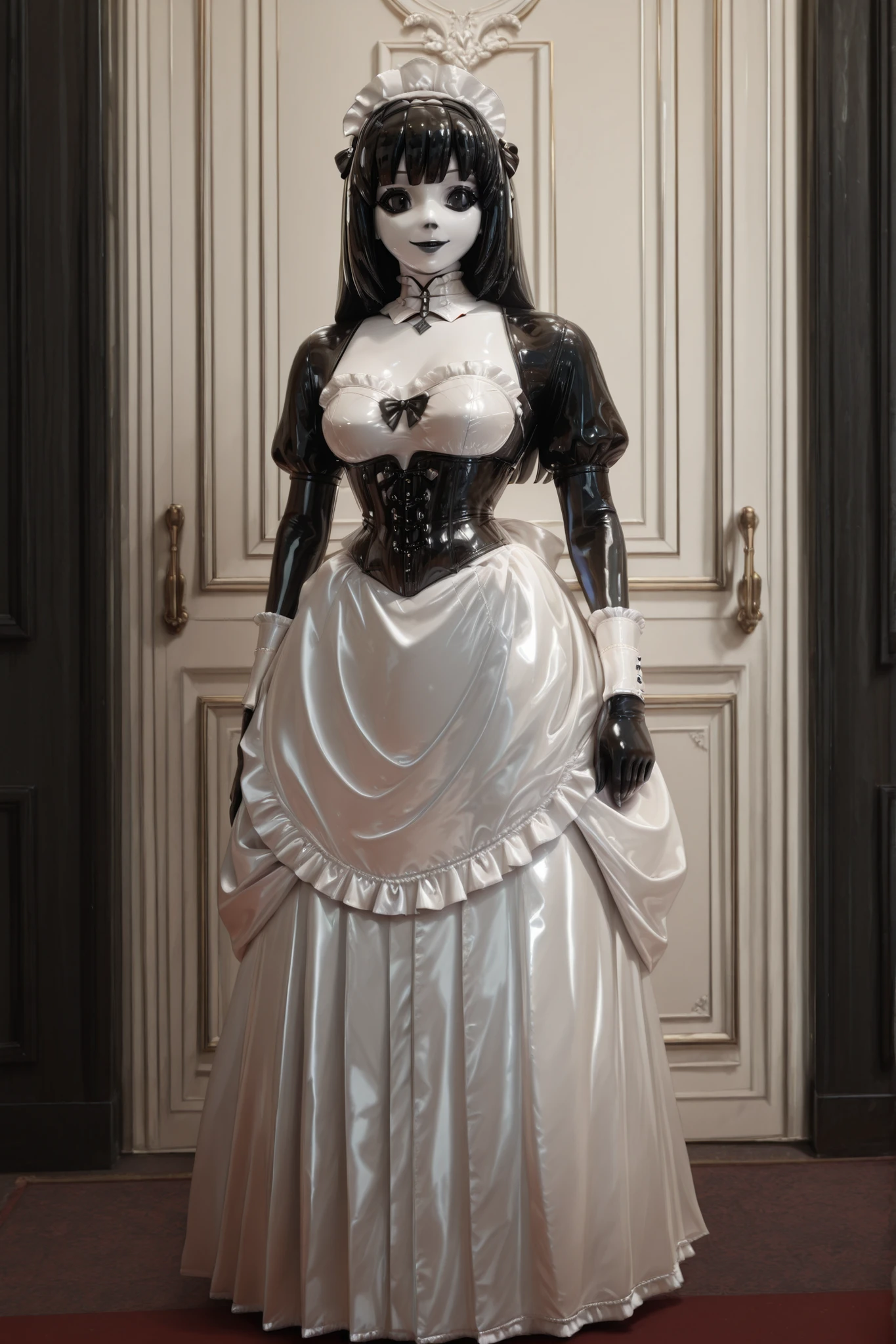 maniajuns, black latex skin, black lenses, black shot hair, happy,latex,maid,gothic, long skirt,small corset,small waist,hight collar, Wide Skirt,puffed sleeves,white latex apron,white latex armlets, full body, 1 girl