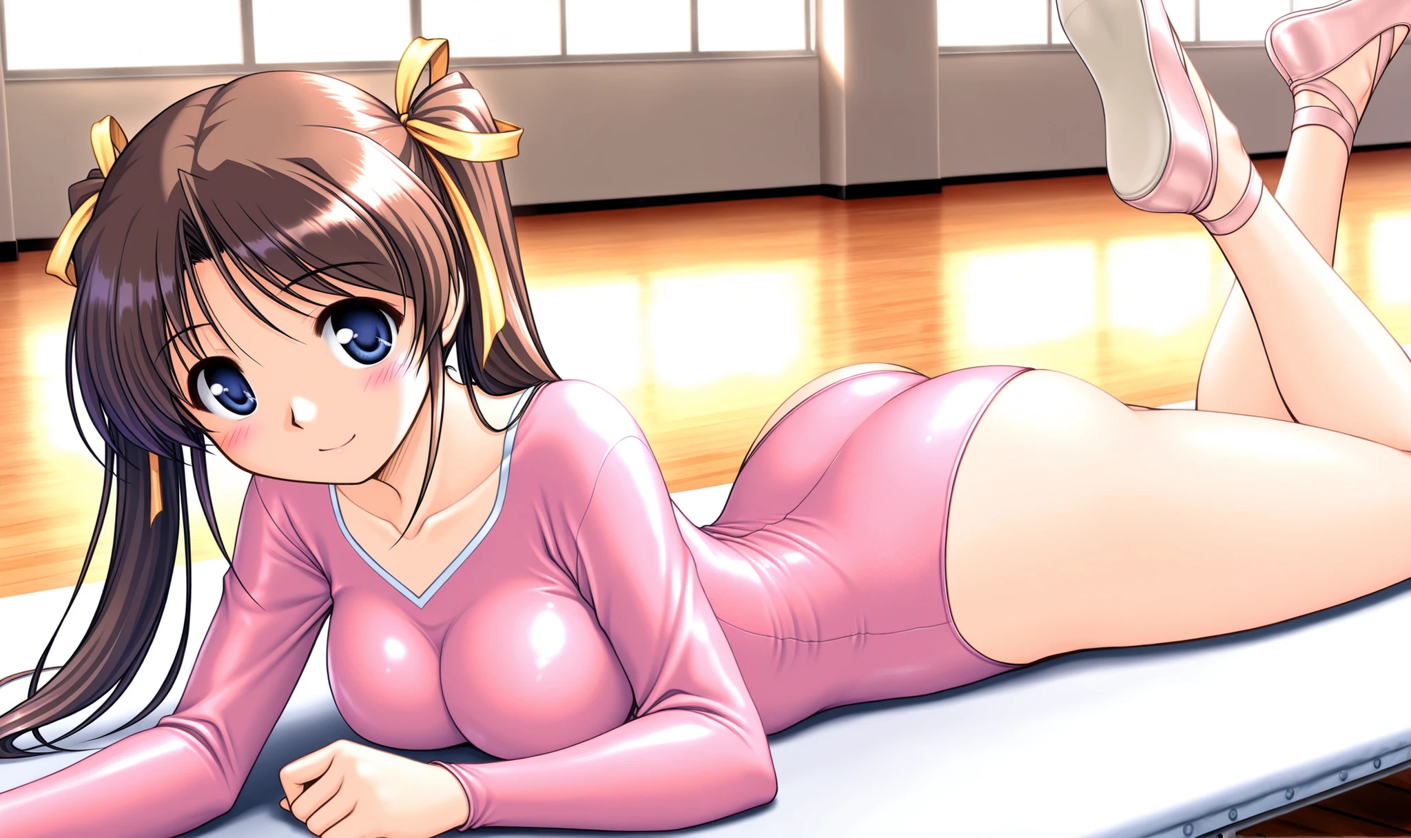 1girl,solo,Bekkankou style, standard body, short stature, mideum , highquality, highly detailed, masterpiece, sugimoto_shouko, long hair, brown hair, blue eyes, twintails, ribbon, hair ribbon, yellow ribbon, pink leotard, gymnastics leotard, tight long sleeves, tight long sleeves leotard, skin tight, ballet shoes, school gym, smile, looking at viewer, , prone, on stomach