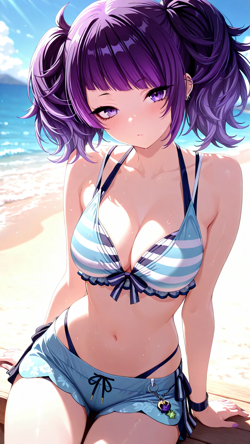 Naked, smoll stature, purple hair, purple eyes, flat tits, beach, short hair, chibi, naked, kneeling, show pussy