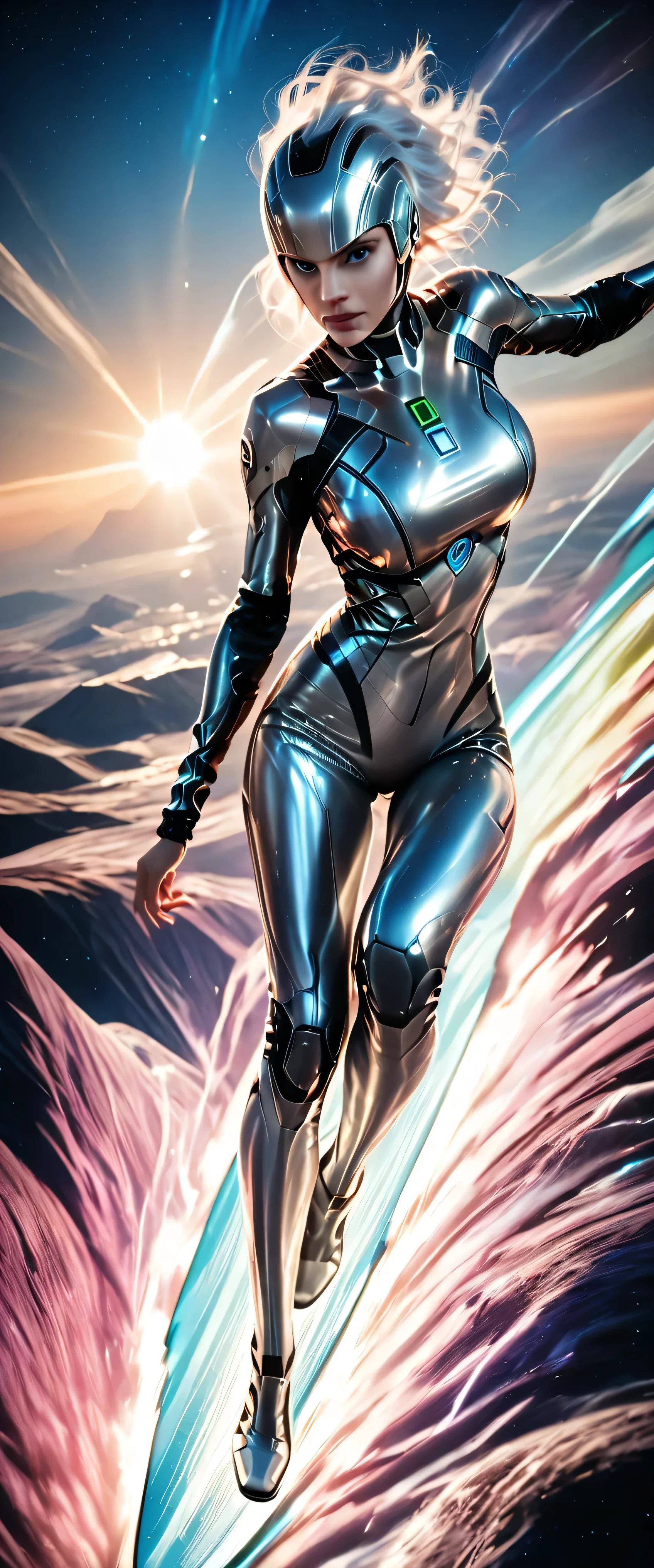 female silver surfer, movie (The Fantastic Four: First Steps", (huge_breasts),detailed portrait, glowing (silver_alloy_body_and_face), powerful pose, surging cosmic energy, surfing in air over vast landscape, photorealistic 8k, cinematic dramatic lighting, fantasy sci-fi style,chiaroscuro,colorful vibrant palette,hdr,physically-based rendering,sharp focus,extremely detailed