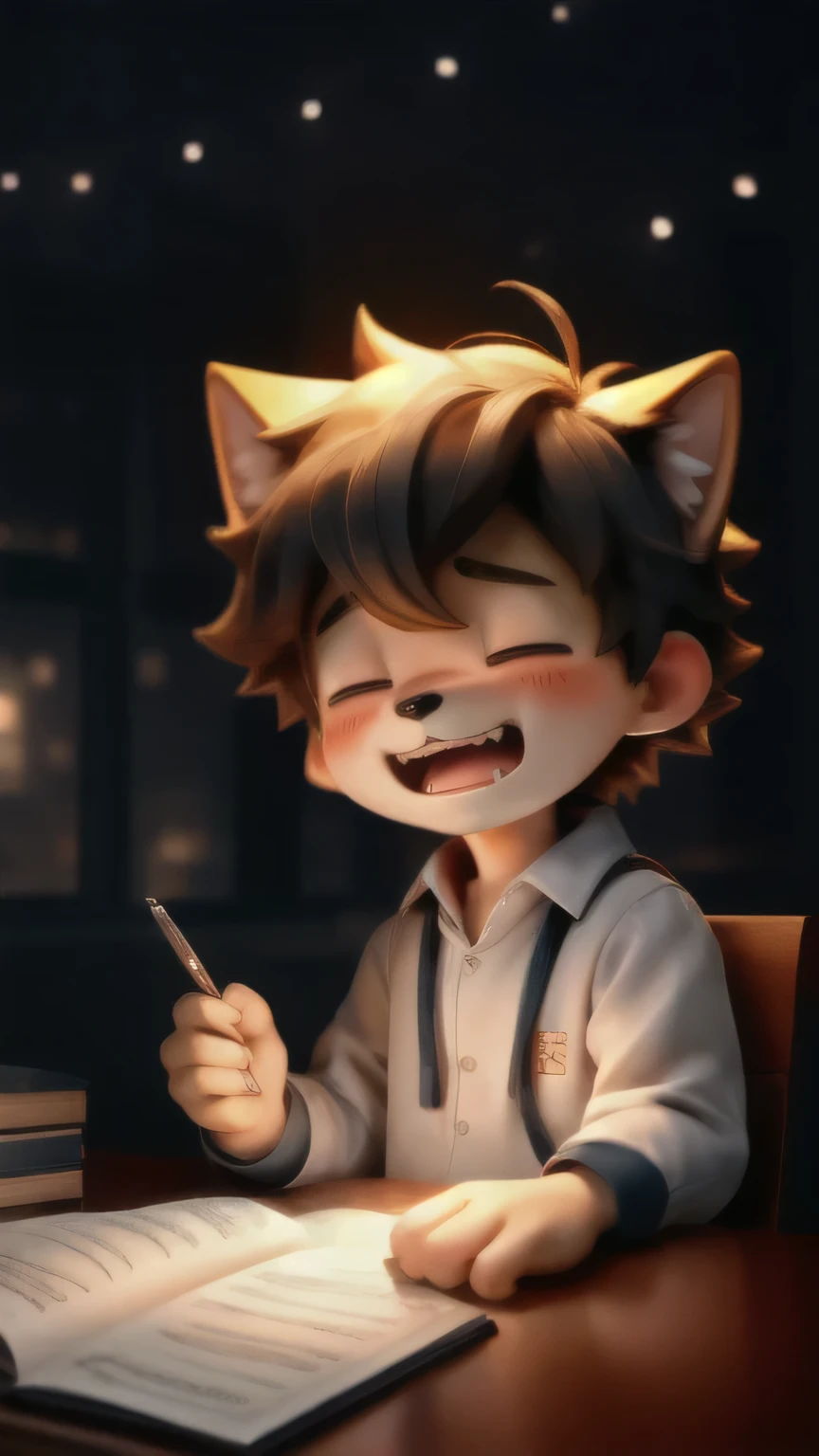 Cute dog boy studying at his desk、people who feel they are doing their best、night、Scream、sleepy