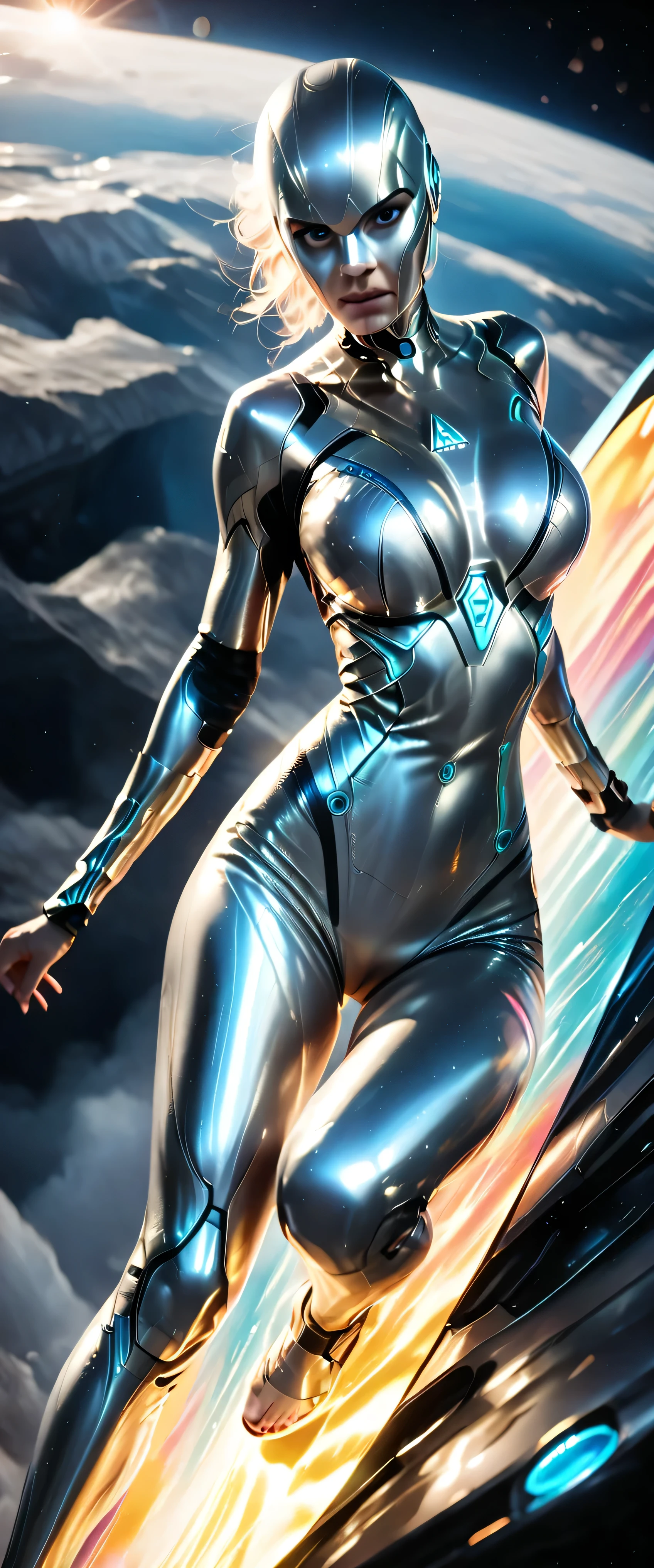 female silver surfer, movie (The Fantastic Four: First Steps", ((enermous_breasts)),detailed portrait, glowing ((silver_alloy_body_and_face)), (camel_toe),powerful pose, surging cosmic energy, surfing in air over vast landscape, photorealistic 8k, cinematic dramatic lighting, fantasy sci-fi style,chiaroscuro,colorful vibrant palette,hdr,physically-based rendering,sharp focus,extremely detailed,(rating_explicit)