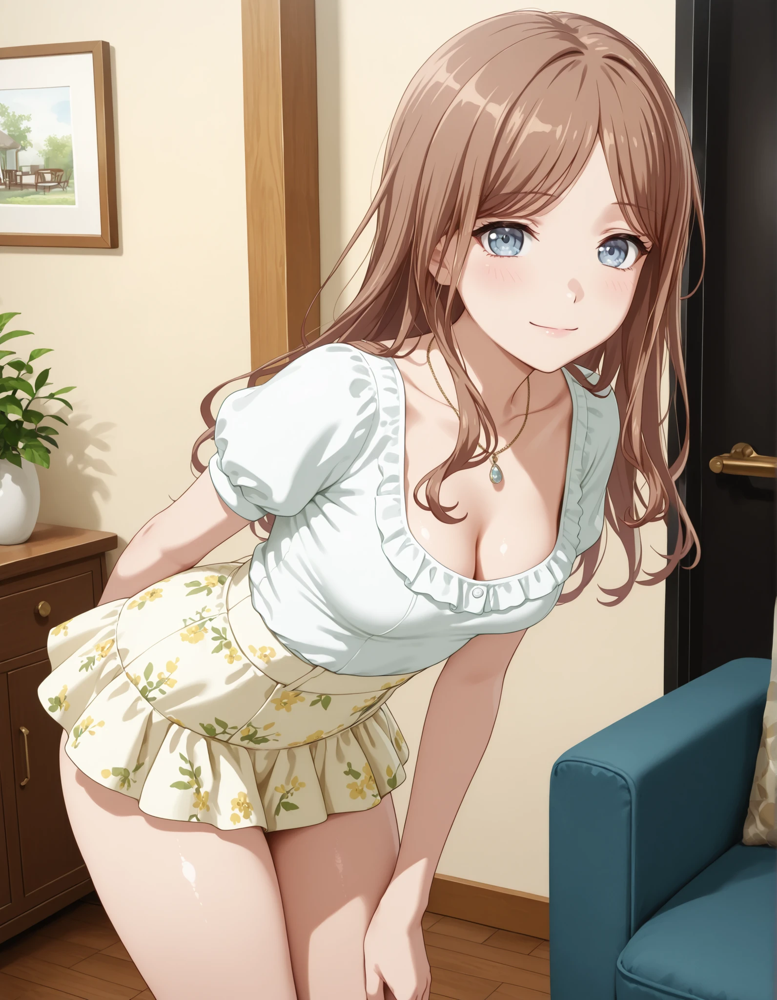 ((from side)), ((leaning forward)), masterpiece, best quality, amazing quality, detailed background, living room background,, background, nagasaki soyo, 1girl, solo,, puffy short sleeves , floral print skirt , white shirt , cleavage , necklace , light yellow skirt,((mini skirt)),((thighs)),((small breasts)), (( medium breasts)) light smile, breasts, arm at side, light blush, looking at viewer, 