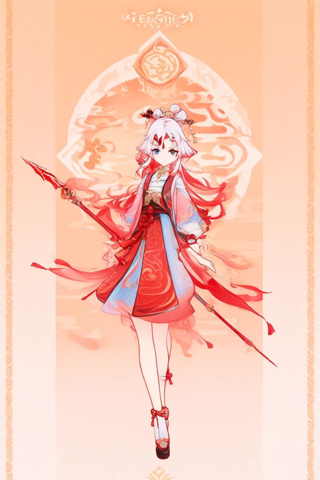 Alone, 1 girl, red wavy long hair, red hair, golden eyes, black and gold hanfu, Chinese style, chibi, smiling,