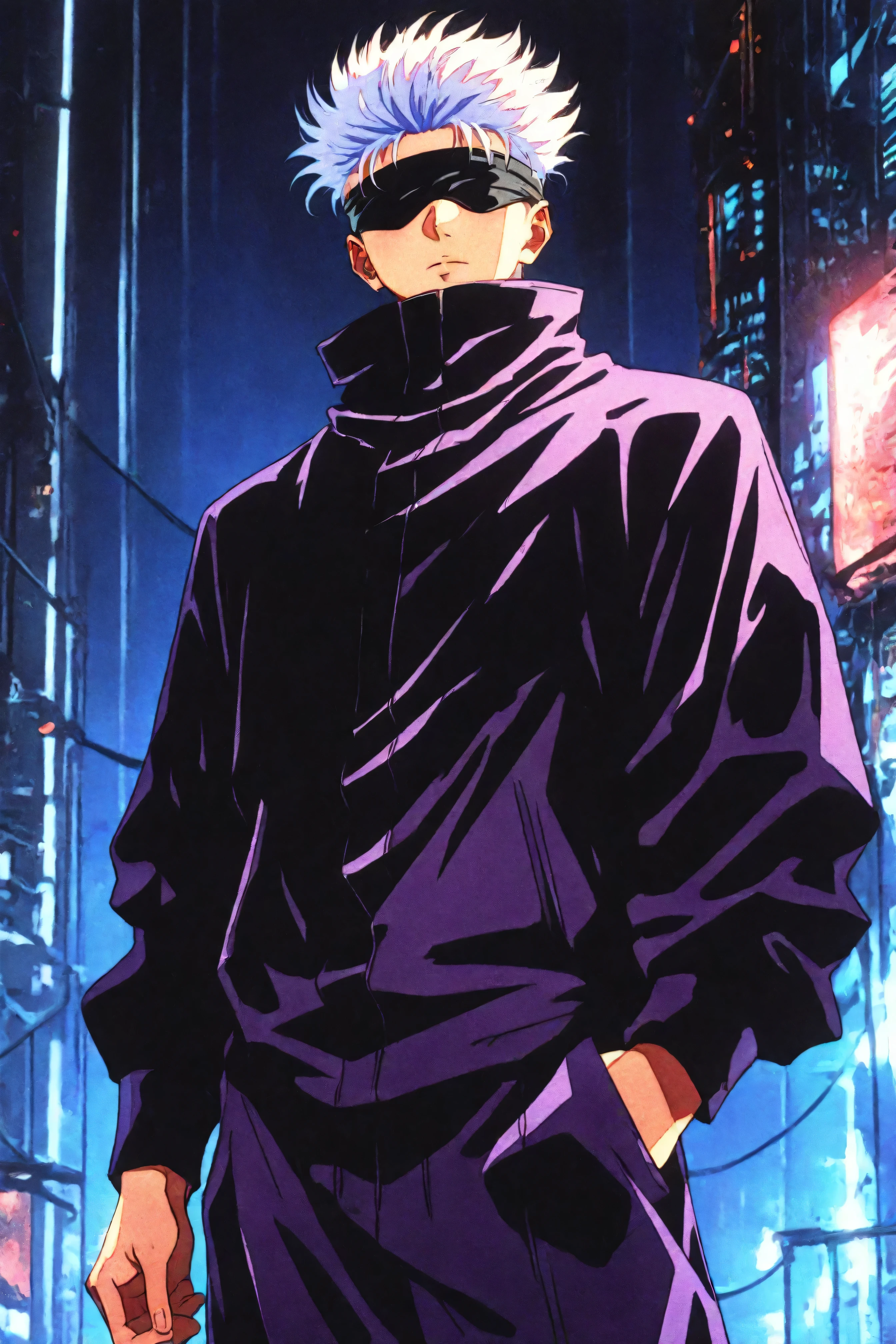 score_9, score_8_up, score_7_up, score_6_up, score_5_up, score_4_up, <lora:GojoSatoruPony:0.8> SatoruGojo, white hair, purple pants, high collar, blindfold, covered eyes, black blindfold, purple jacket, purple pants, <lora:retro_scifi_artstyle-000021:0.8>, 1boy, solo, alone, retro_artstyle, retro, cyberpunk, masterpiece, highres, cyberpunk city background