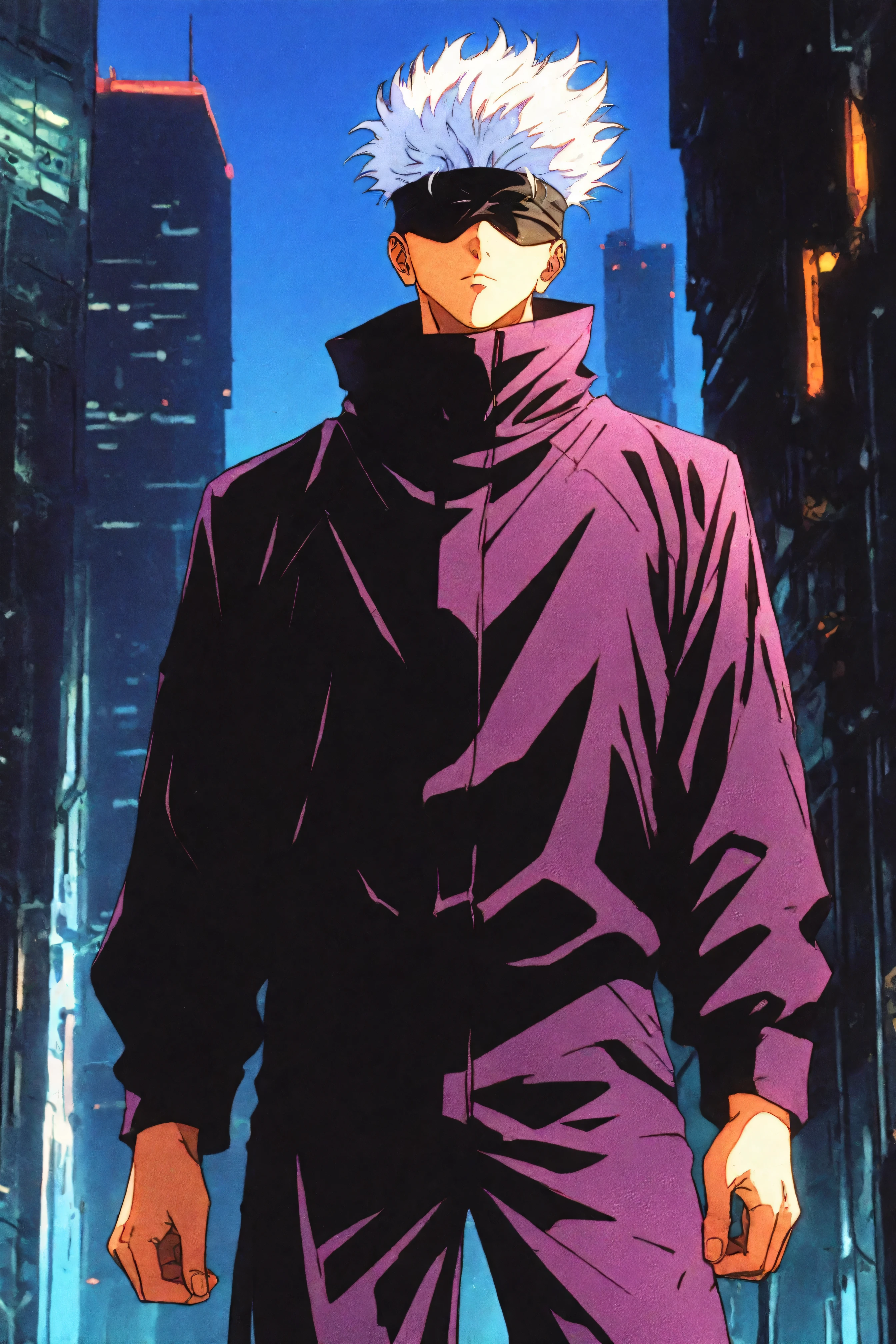 score_9, score_8_up, score_7_up, score_6_up, score_5_up, score_4_up, <lora:GojoSatoruPony:0.8> SatoruGojo, white hair, purple pants, high collar, blindfold, covered eyes, black blindfold, purple jacket, purple pants, <lora:retro_scifi_artstyle-000021:0.8>, 1boy, solo, alone, retro_artstyle, retro, cyberpunk, masterpiece, highres, cyberpunk city background