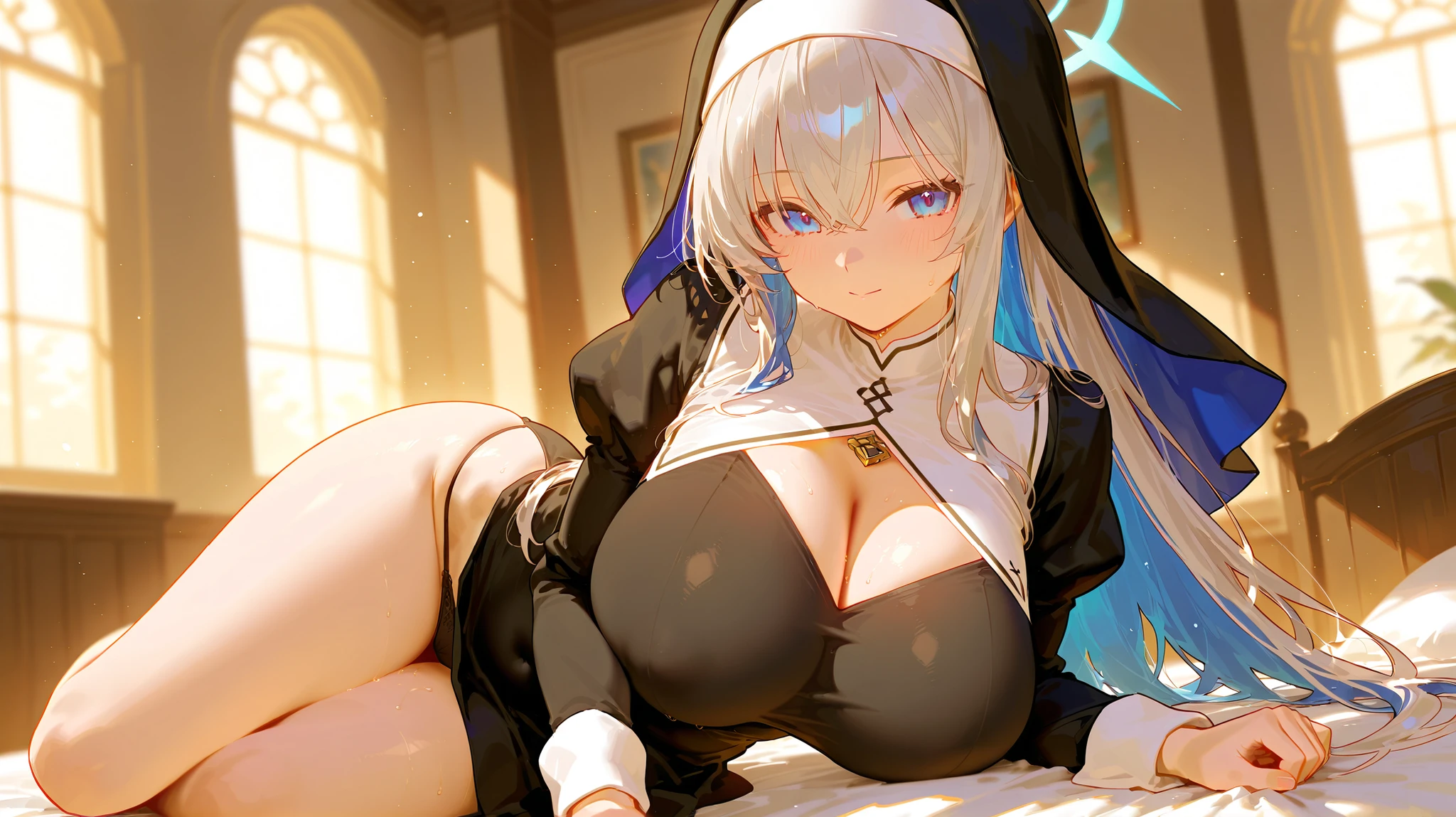 1girl, solo, , nun, , thighhighs, dark-skinned female, , blue eyes, panties, dark skin, navel, white bra, white thighhighs, sitting, white hair, bra, looking at viewer, bangs, cleavage, blush, white panties, , parted lips, indoors, lingerie, long sleeves, dress, habit, detached collar, garter straps, hair between eyes,  shoulders, thighs, black dress, long hair, , garter belt