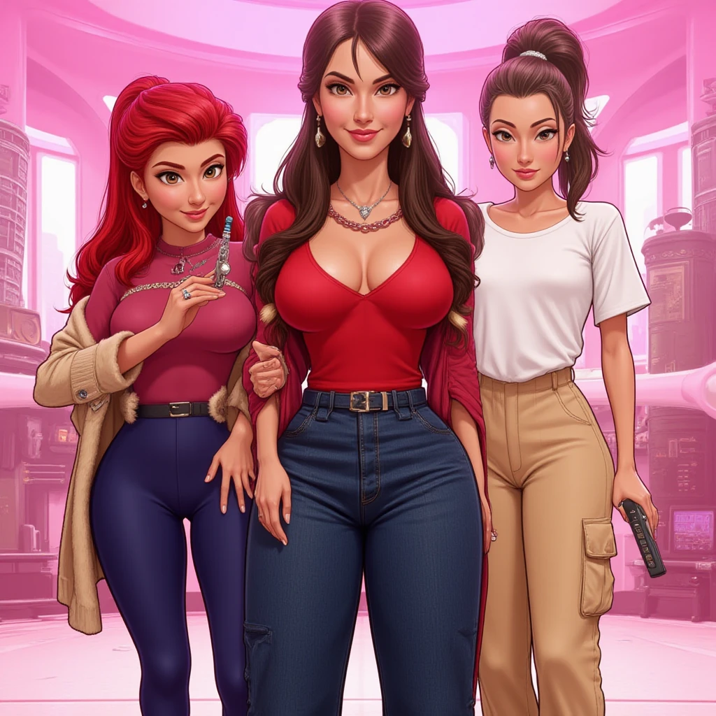 masterpiece, best quality,1girl,young girl,brown eyes, drill hair, evil smile, shiny skin, thin waist, mall, (((long hair))), (curvy), ((wide hips)), ((hoop earrings)), small breads, sexy overalls