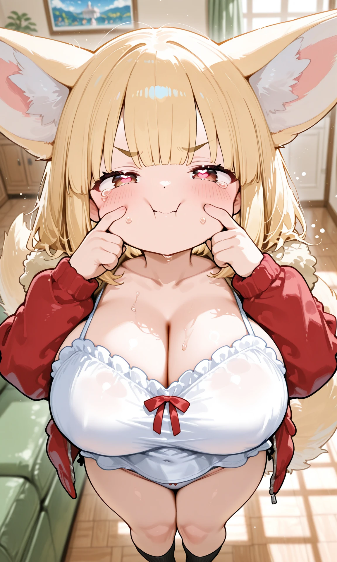 masterpiece, best quality, amazing quality, isabelle \(animal crossing\), furry female, green eyes, 1girl, 1boy, handjob, hetero, penis, blush, pov, holding hand, interlocked fingers, looking at viewer, cum, handjob, smile, white dress, large breasts, indoors, short sleeves, erection, solo focus, open mouth, sweat, facial, blurry, on bed, lying, shirt, blurry background, white shirt, bed, parted lips, pov crotch, after ejaculation, on back, sweatdrop, heart, bed sheet, penis grab, underwear, cum on body, curtains, cum on hands <lora:Isabelle_ilXL_v3_E5:1>