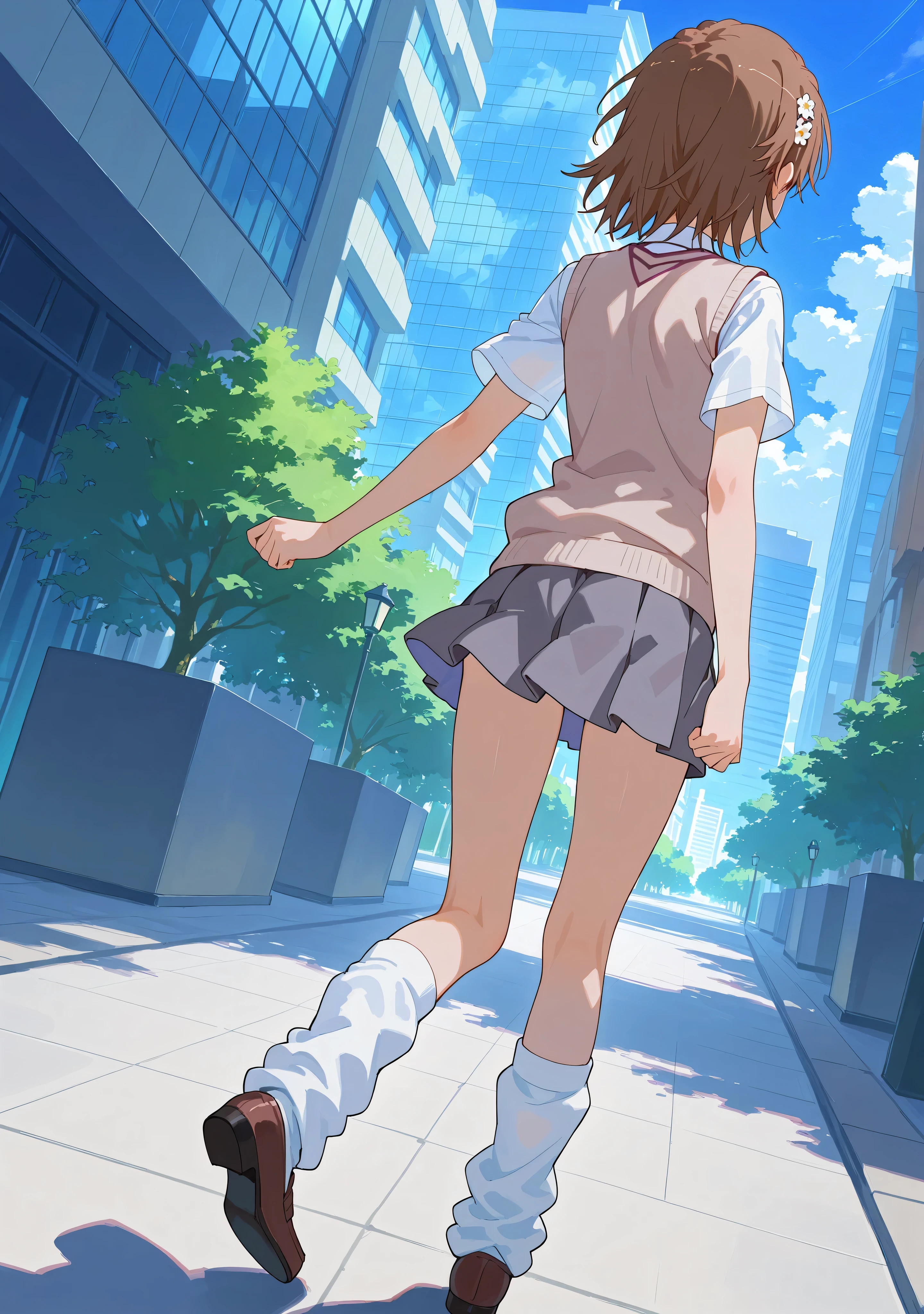 (((misaka miloto)))、hair flower、small 、1 girl、from behind、backshot、white shirt、short sleeves、sweater vest、tokiwadai school uniform、grey skirt、mini skirt、loose socks、white socks、facing away、standing、building、大きいマンションの前にいる、full body shot