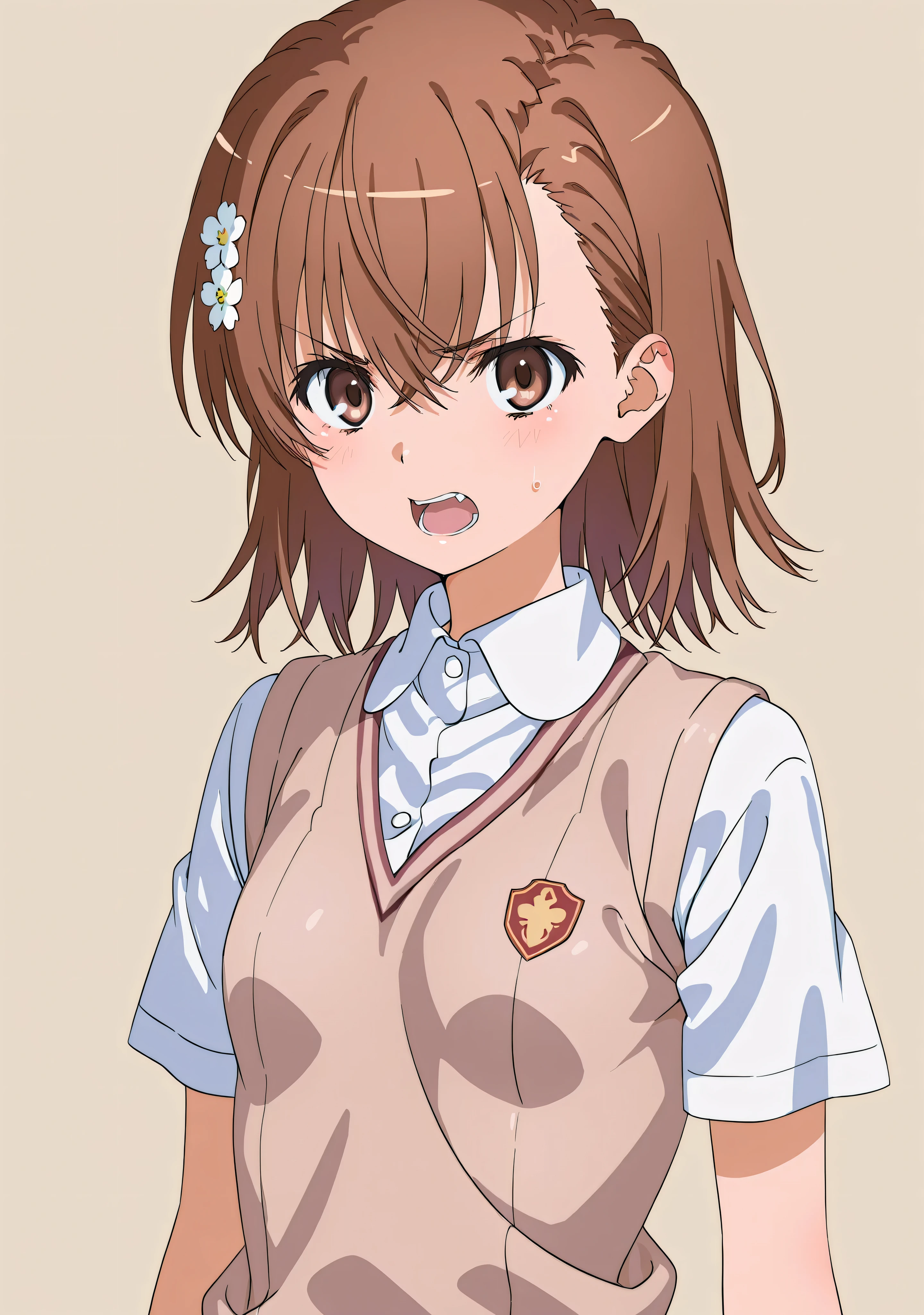 (((misaka miloto)))、hair flower、small 、1 girl、from front、white shirt、short sleeves、sweater vest、tokiwadai school uniform、open mouth、angry、glare、indoor、brown wall、simple background、arms at sides、upper body