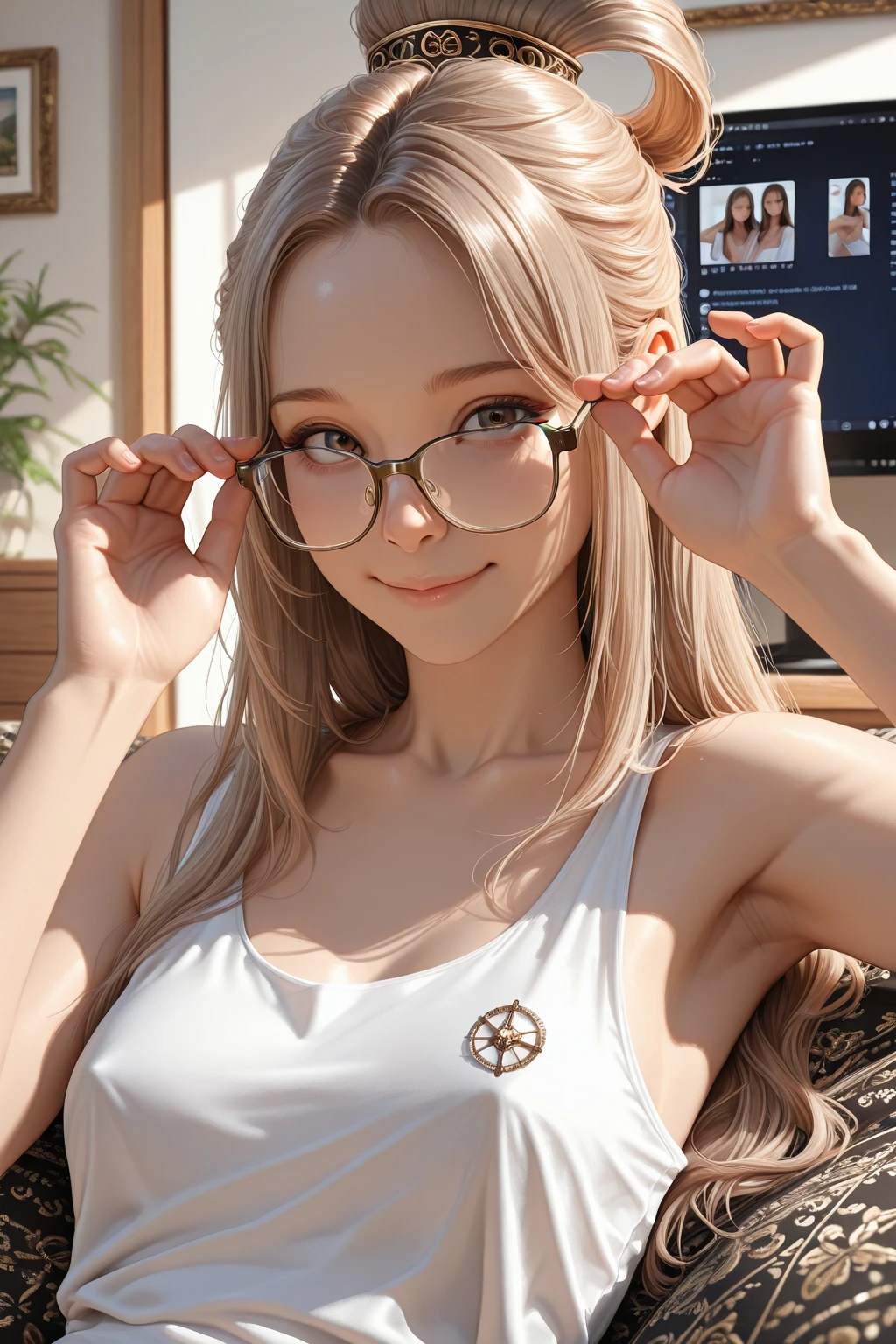 1 female,20th generation,round glasses,blonde hair,semi-long,Moist eyes,looking at the viewer,dynamic angle,,upper grade,Upper body,High definition,masterpiece,Highest image quality,8K,Super realistic, and face are visible,,