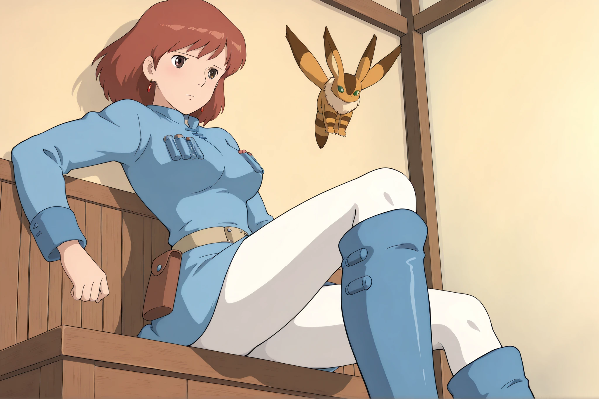 Nausicaa,1girl,brown hair,medium hair,brown eyes, breasts,,blue dress,chest bullet holder,long_sleeves, belt,,white tights,,blue leg warmer,knee boots, 1人で座ったポーズ, 並外れた美しさ, とても愛らしい, (最高の傑作, 最高品質, 高解像度, 8k, 高画質, 緻密な作画, 美しいアニメカラー, 正確な描写, 現実, スタジオジブリ風のエロアニメ画像), 満面の笑み, 生き生きとした笑顔, 赤面, オレンジ色の髪, ショートカットヘア, 赤い宝石のイヤリング, 美脚, きれいな足, こちらをじっと見つめる,1人, 横からのアングル, 豪華な羊毛のラグジュアリーマットでリラックスしている, 大理石のフロアー, 歴史ある高級なホテル,