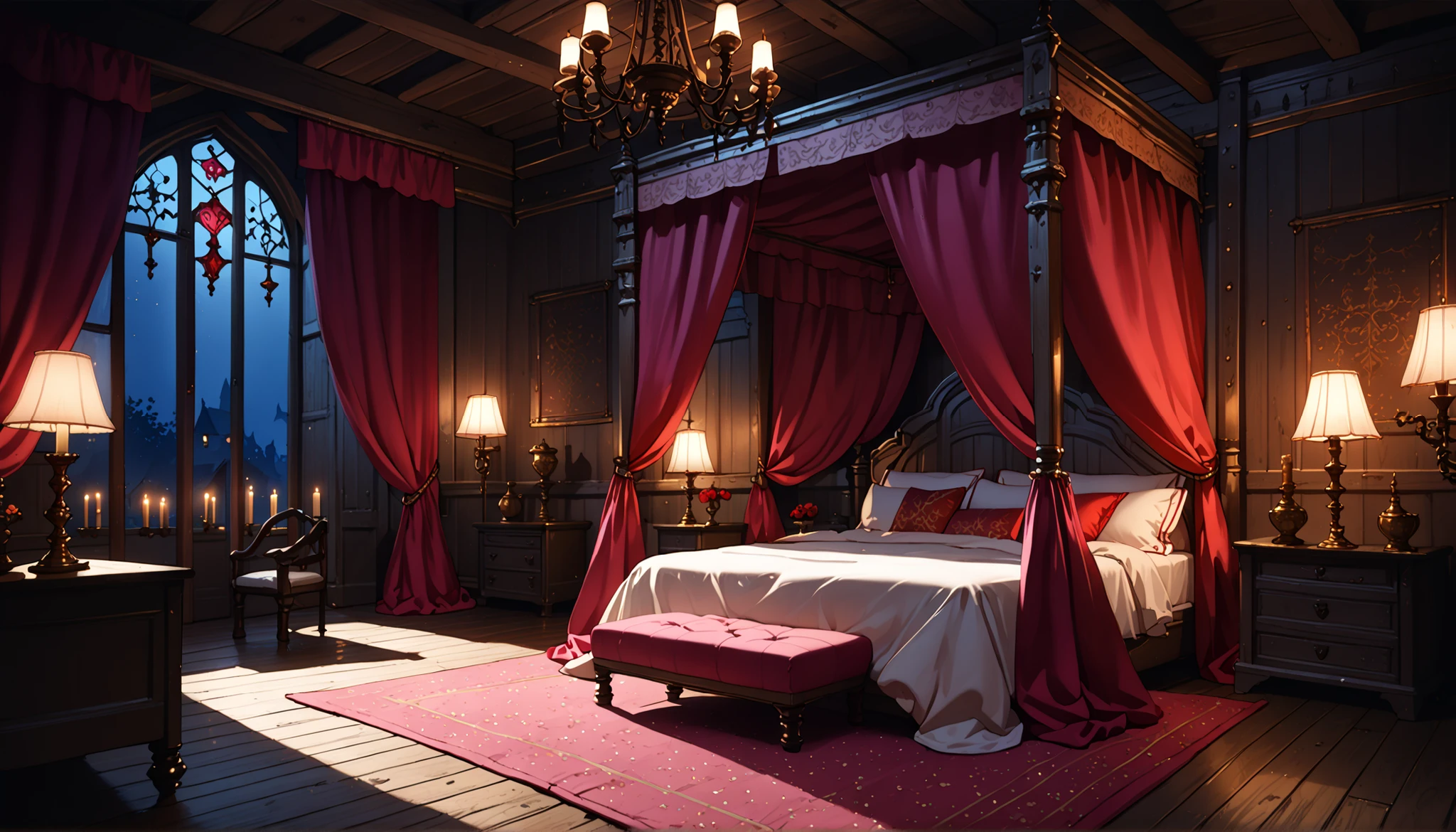 Best quality, masterpiece, ultra high res, raw photo, beautiful and aesthetic,deep shadow, fantasy theme,(ultra detailed:1.3), divine, royal bedroom, indoors, luxurious, canopy bed, full of curtains, pillows, jewelry, candlelight, queen chamber, pink room, ((medieval_brothel)), (dim light:1.4), bedroom, wooden floor, wooden wall, night, red curtains, carpet, window,