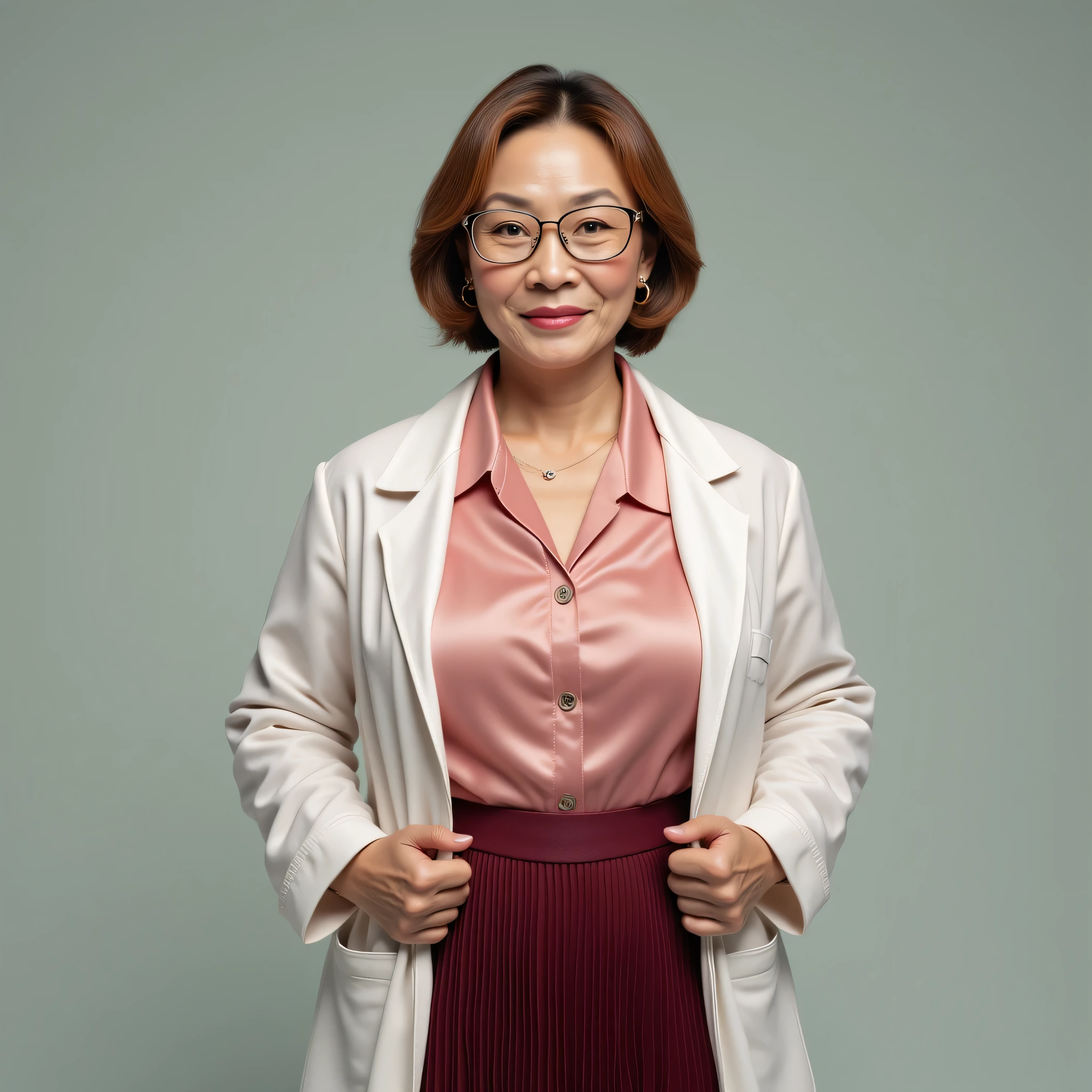 A realistic, high resolution photograph of a short beautiful Asian woman in her 50's; full body frontal view facing the camera with her arms at her side, looking at the camera. There is extra space in the photo above her head. She has a short, curvy fashion model figure featuring large rounded breasts with natural curvature, large hips, and a medium waist. She has a short, straight golden brown bob with a middle part. She has a perfect, heart shaped face with Asian features, thin lips, a small nose, a short, bull neck, and ears that lay close to her skull. She has light grey eyes, an ivory complexion, and wears a pair of vintage rectangular wire rimmed glasses. Her lips are closed and she has a amused smirk. She is wearing a rose pink collared satin blouse, a maroon pleated polyester skirt, and an open white doctor's lab jacket. Her breasts are well defined beneath the clothing and you can see some cleavage. There is no one else in the photo. There is extra space above the subject’s head and centered composition — suitable for magazine-style layout or cinematic framing.