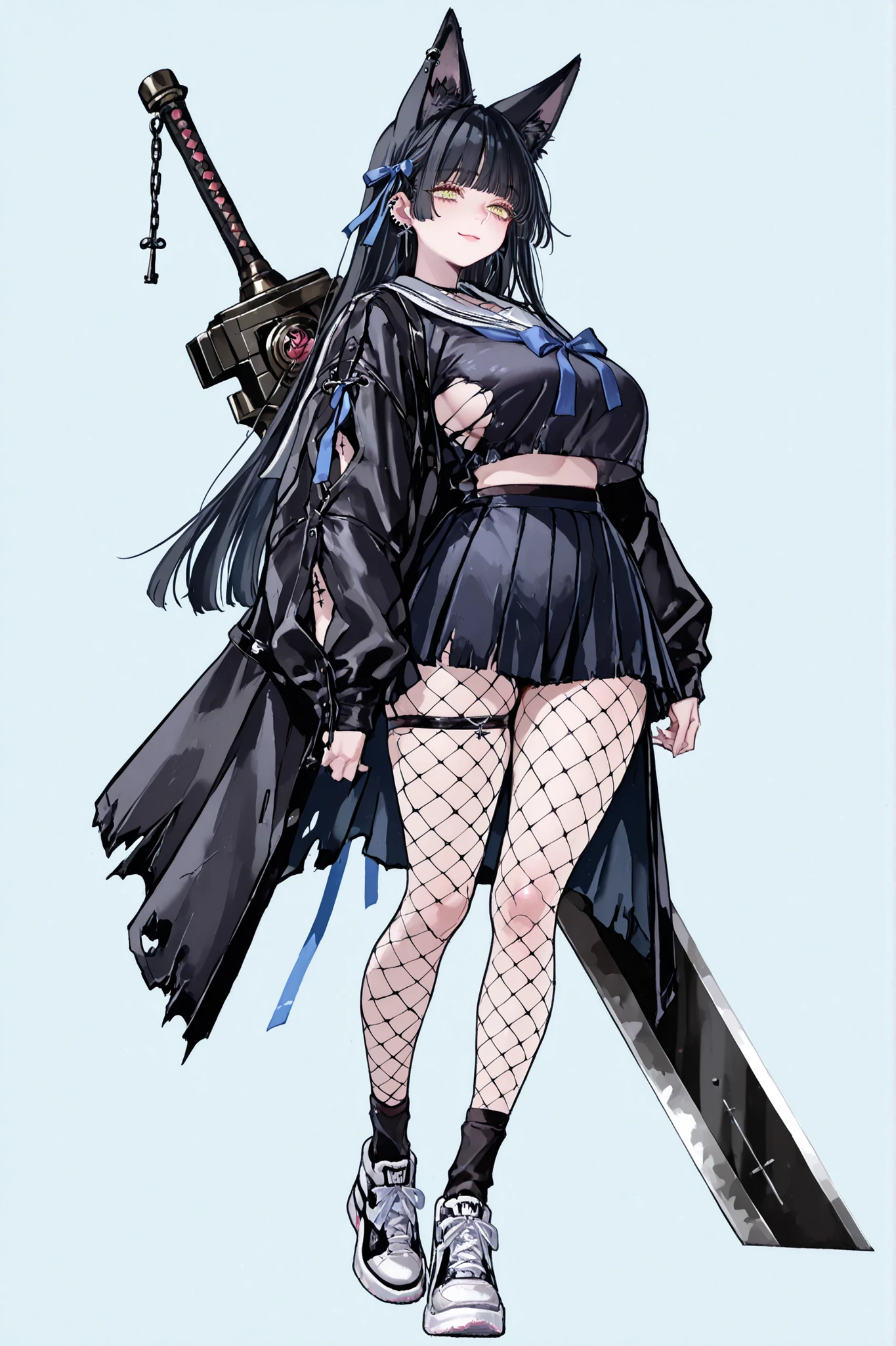   8k wallpaper、    top quality 、masterpiece,   748cm スThailandル   、black japanese school uniform top with fishnet top beneath,   woman 1 person、ribbon、piercings and earrings on her ears,  black ripped punk shorts、 cute black oversized coat with puffy sleaves with open sholders 、cute big bow on her back, chains and Accessories on it,  dark pantyhose and fishnet、 black knee socks 、rororogi mogera、 style strap 、 Thailand、  pantyhose、、black hair with pastel lavands lines、eyelashes   、   long hair、  Underbob  、blue ribbon bow in the head、  Pretty pastel yellow Eyes、  wide hips、Protruding thighs   、 pale pinky skin,   very big breasts 、close up,  Light blue background 、,   simple background、lazy smile、 high detail design, standing up、boob window, walking pose, making a cute photo pose with her hands, fullbody, long fox ears, huge sword on her back, riped style skirt, chest fishnet top, fishnet stocking, big cute black sport plataform sneakers, japanese school girl style,