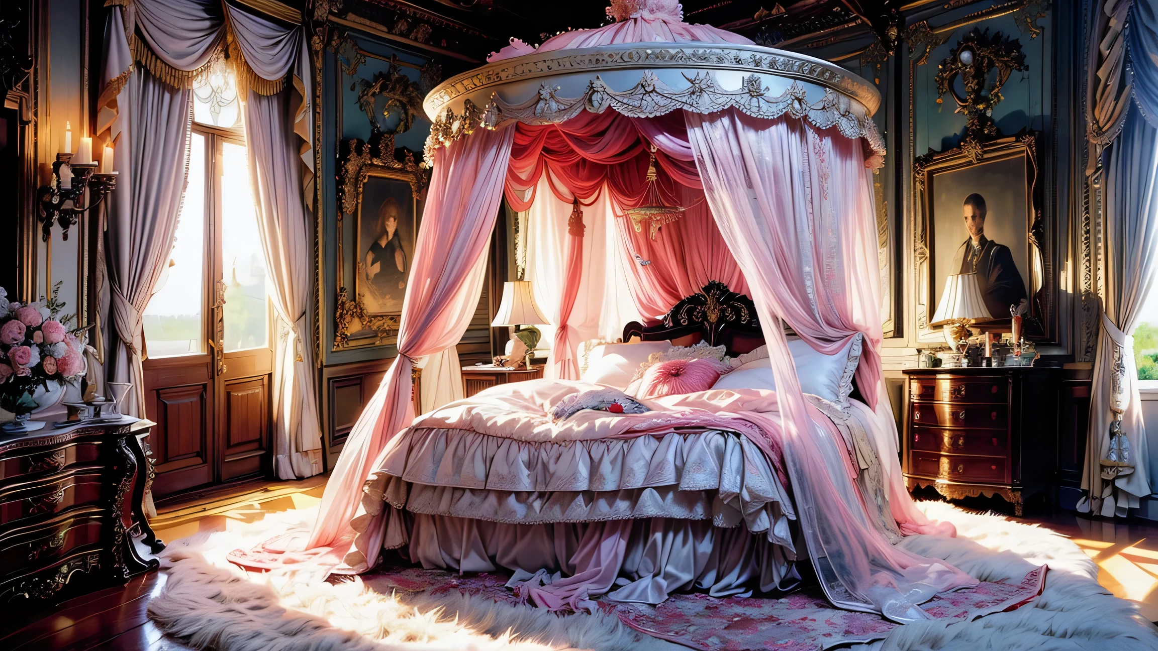 Best quality, masterpiece, ultra high res, raw photo, beautiful and aesthetic,deep shadow, fantasy theme,(ultra detailed:1.3), divine, royal bedroom, indoors, luxurious, canopy bed, full of curtains, pillows, jewelry, candlelight, queen chamber, pink room