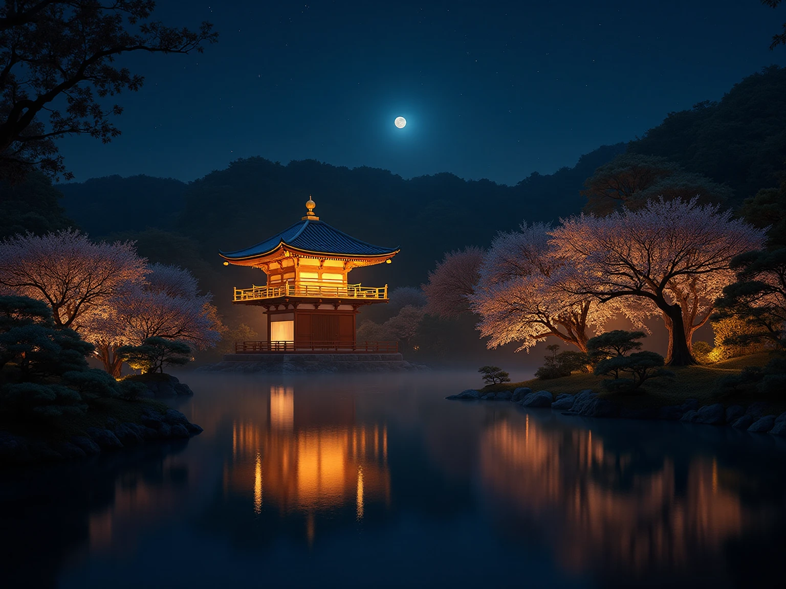 A traditional Japanese castle，With multi-layered roofs and white walls，Illuminated in the dark night sky. The castle is beautifully reflected in the calm water in front of it, Creating a perfect mirror image. The crescent moon hangs in the sky to the left of the castle，Also reflected in the water. There is a stone foundation around the castle, Surrounding trees are partially visible in the background. The overall scene is full of tranquility and mysterious atmosphere, The bright castle contrasts sharply with the dark surroundings.
