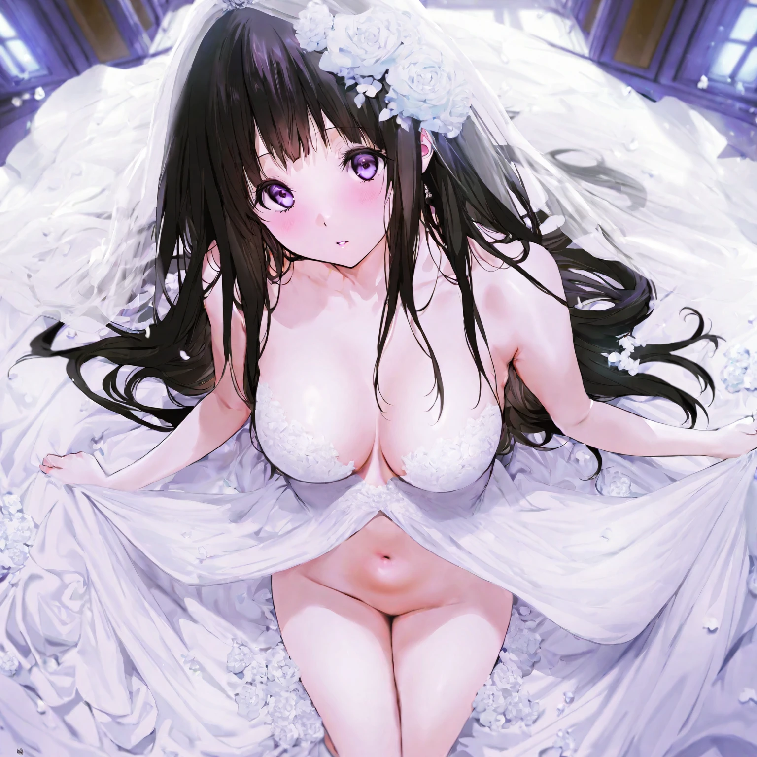 Beautiful Chitanda，只有一个beautiful girl，Purple Eyes, Black Hair, Natural straight hair, Straight bangs，Extremely refined，open your lips，Face is so red，Very white skin，Skin as delicate as porcelain，Glowing skin，big eyes，Flowing long hair，beautiful girl, Like a dream，Slim，Slim waist，Soft, (Sensual), (Kawaii), Dream quality，White Dress，?????????，Sweaty and sweaty，Wet skin，Side ???????，????????? Rain，Standing on the steps in the air，（Completely ?????），Gluteal groove，Completely ?????的背部，nacked hip，very close，Deep V neckline，Loose neckline，Beautiful ???????????，????????，nopan，????????，???? shoulders，Exposed collarbone，Delicate clavicle，Delicate hands and feet，???? neck，There are ?????????? around the neck，???? thighs，Exposed groin，?????????，extremely shy，Ultra-high resolution, (masterpiece:1.2, best quality), (Delicate and beautiful eyes: 1.2), (Beautiful and delicate face)