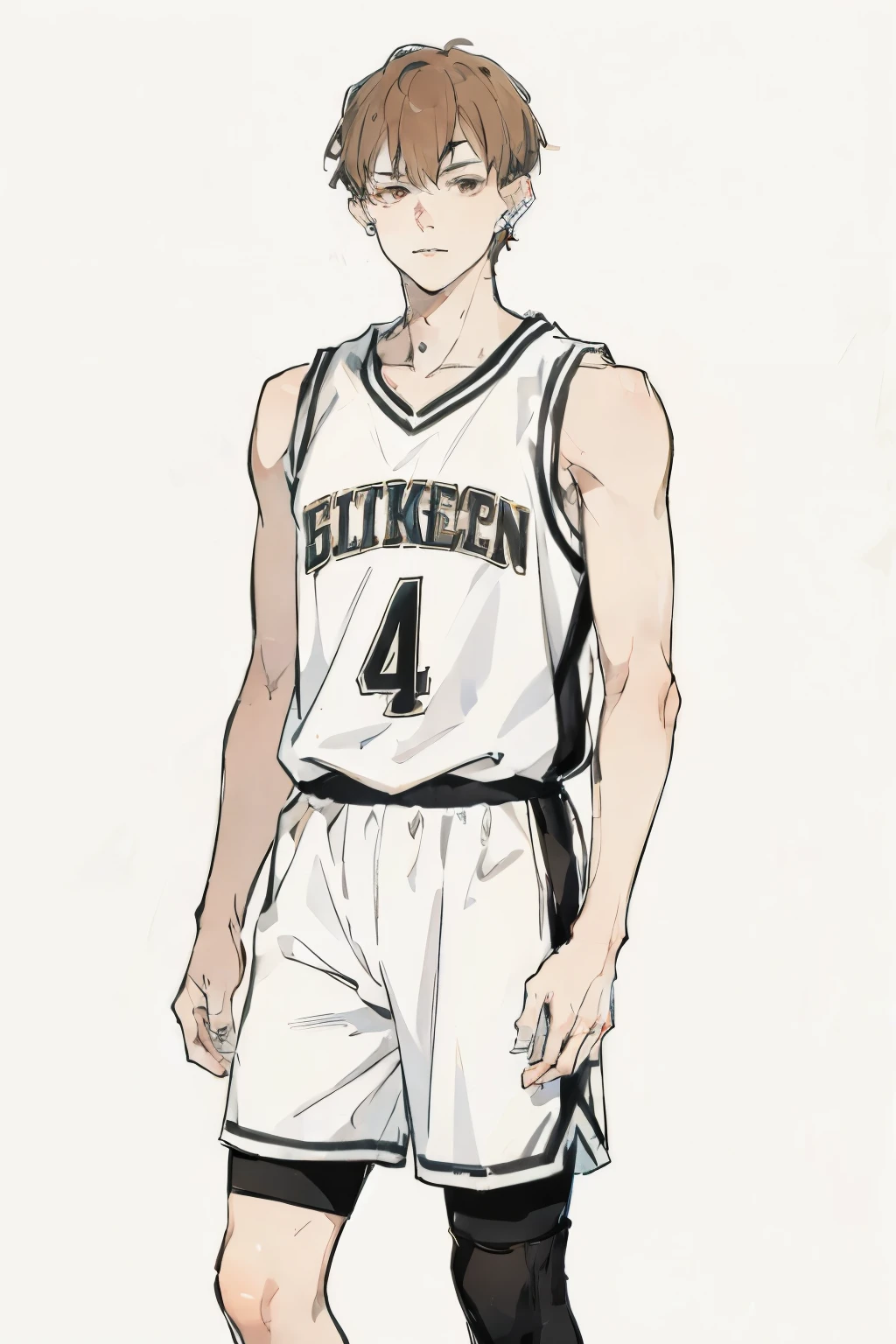 brown and straight-haired young man wearing a basketball uniform、 right ear piercing、Full-body portrait、Standing picture below the knee、facing the front、no background