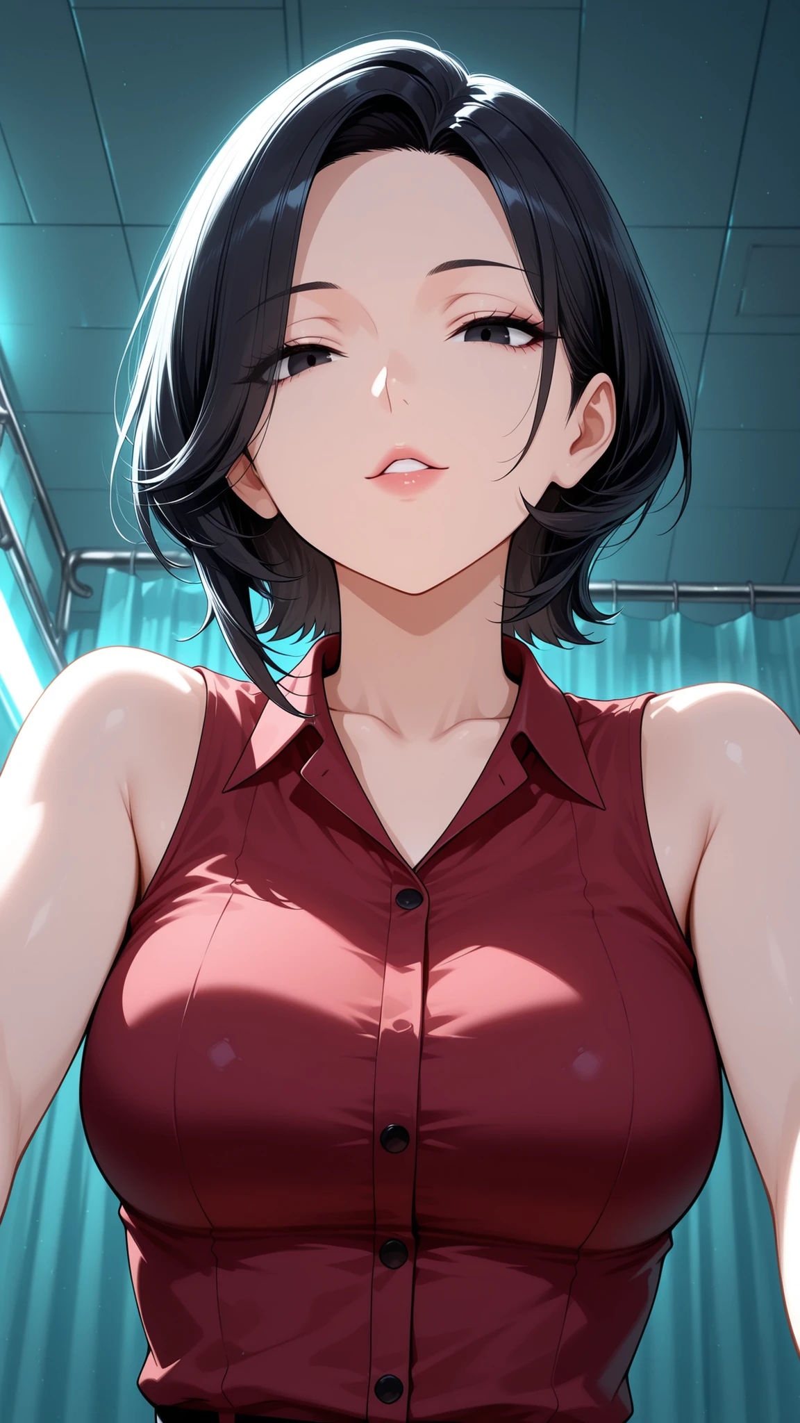 from below, upper body, close-up.
she's a lovely slutty mature, dark eyes.
wavy short hair, Bang.
glamorous body, Medium Breasts, it exudes a lustful aura.
she wears a red shirt with a collar, sleeveless.
shiny red shirt.
Infirmary at night.
and sensual, charming, dynamic pose.
top quality, Accurate lighting, masterpiece.