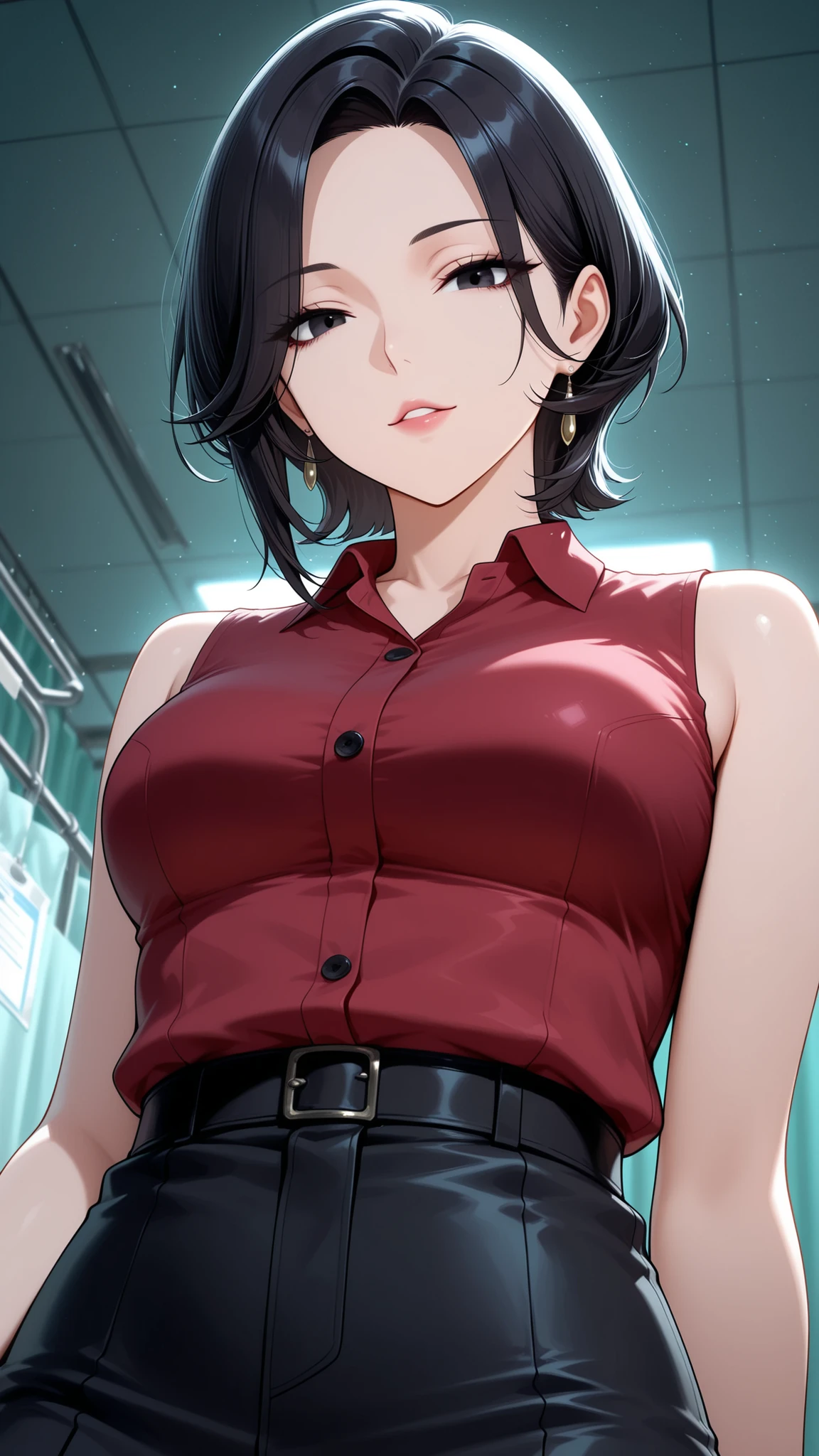 from below, upper body, close-up.
she's a lovely slutty mature, dark eyes.
wavy short hair, Bang.
glamorous body, Medium Breasts, it exudes a lustful aura.
she wears a red shirt with a collar, sleeveless.
shiny red shirt.
Infirmary at night.
and sensual, charming, dynamic pose.
top quality, Accurate lighting, masterpiece.