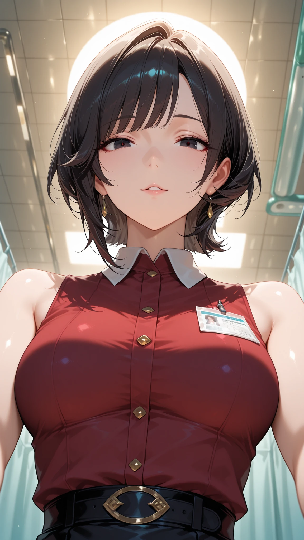 from below, upper body, close-up.
she's a lovely slutty mature, dark eyes.
wavy short hair, Bang.
glamorous body, Medium Breasts, it exudes a lustful aura.
she wears a red shirt with a collar, sleeveless.
shiny red shirt.
Infirmary at night.
and sensual, charming, dynamic pose.
top quality, Accurate lighting, masterpiece.