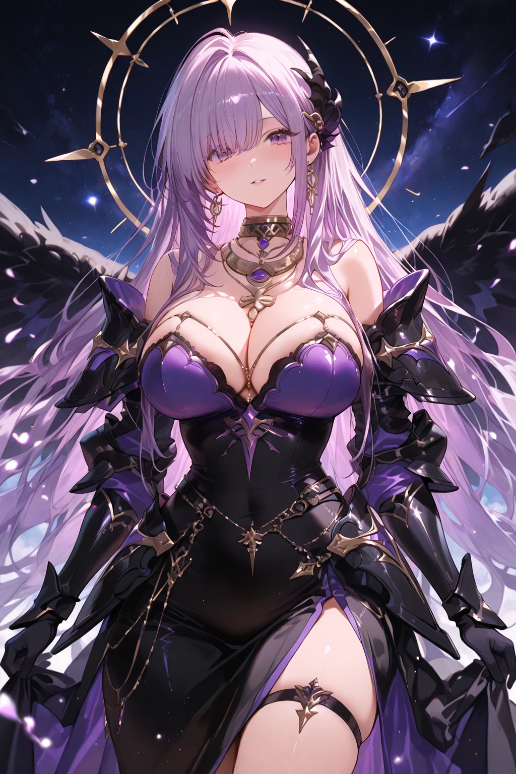 (((masterpiece))), (((highest quality))), ((ultra-detailed)), ((super fine illustration)), ((ultra-fine painting)), (medium shot:1.4), (Highly detailed and delicate illustration style:1.8), detailed skin texture, detailed metal texture, detailed cloth texture, extreme detailed description, (T-masterpiece), (highly detailed face:1.2), (highly detailed hair:1.2), (highly detailed eyes:1.2), (Highly detailed symmetrical wings:1.2), original, RAW photo, professional, Intricate details, super details, direct light:1.6, highly detailed hands:1.2, highly detailed fingers:1.2, highly detailed fingertips:1.2, (sexy), (sexy), real, (Solo:1.5), (A beautiful and cute girl marshal with beautiful twintails and eyes dressed as a mechanical angel) BRAKE (Beautifully shaped small breasts), (Beautifully shaped small buttocks), (Beautiful and shiny highly detailed and delicate silver twintails:1.2), (Beautiful clear and highly detailed purple eyes:1.2), (Highly detailed face:1.4), Very detailed, beautiful and perfect hands:1.4, Very detailed, beautiful and perfect fingers:1.4, Very detailed, beautiful and perfect fingertips:1.4, (perfect :1.4), (highly detailed large symmetrical amethyst purple wings:1.4) BRAKE ((mecha:1.4))Smooth and menacing design, (Amethyst purple all-range attack type mechanical armor for girl marshals that shines in iridescent colors and is highly detailed and baptized:1.3), (Symmetrical Wings:1.5) BRAKE concept-art, cyber-punk, (Detailed Science Fantasy Art:1.2) BRAKE (Battle Pose), (Highly detailed and cute all-range attack pose:1.1) BRAKE (Different world:1.1), (no robot:1.4), (close mouth:1.1), (Geometric patterns), (colorful confetti:1.15), (16K highest quality wallpaper:1.4), (Highly detailed and beautiful starry sky background:1.4) BRAKE () BRAKE 