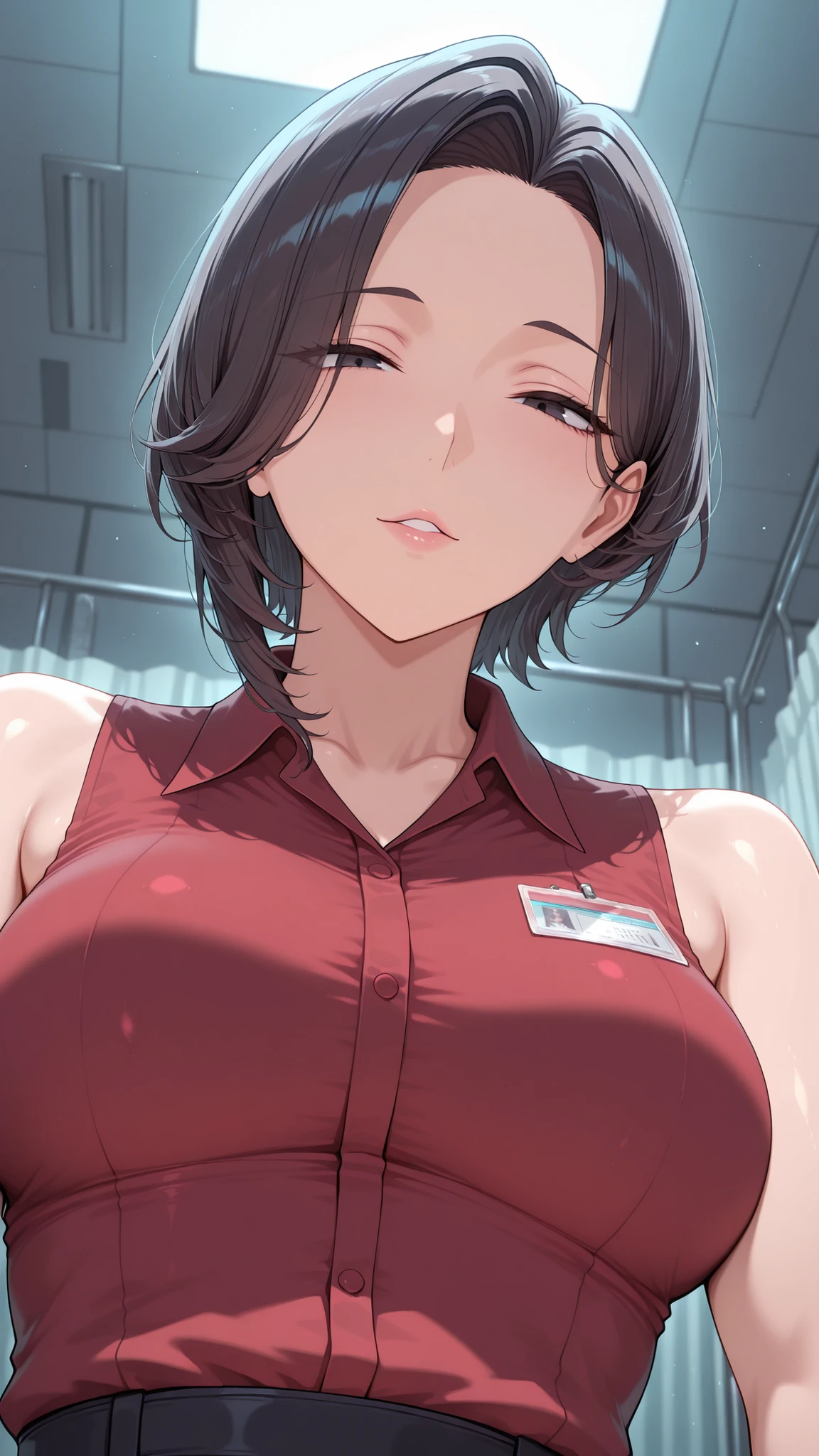 from below, upper body, close-up.
she's a lovely slutty mature, dark eyes.
wavy short hair, Bang.
glamorous body, Medium Breasts, it exudes a lustful aura.
she wears a red shirt with a collar, sleeveless.
shiny red shirt.
Infirmary at night.
and sensual, charming, dynamic pose.
top quality, Accurate lighting, masterpiece.