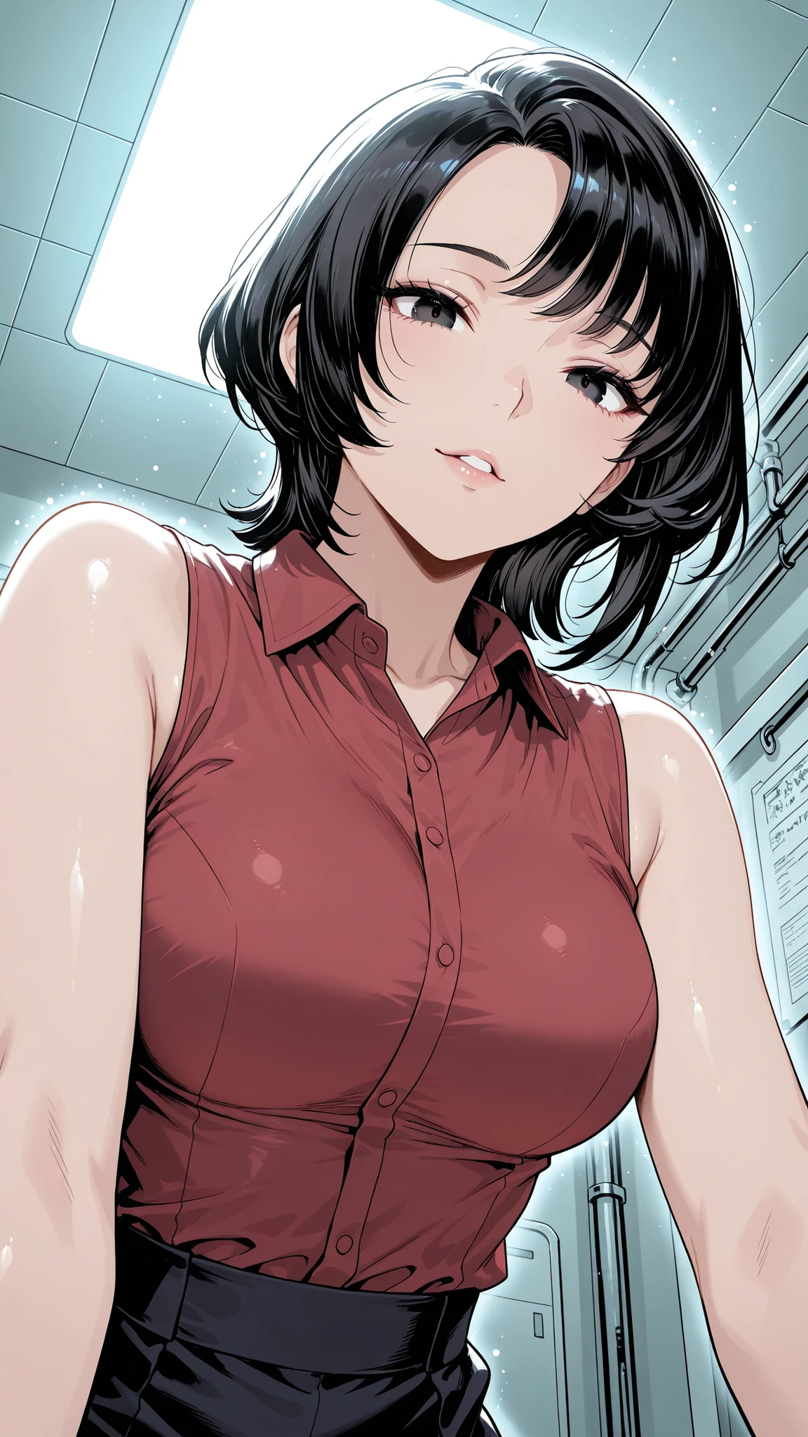 from below, upper body, close-up.
she's a lovely slutty mature, dark eyes.
wavy short hair, Bang.
glamorous body, Medium Breasts, it exudes a lustful aura.
she wears a red shirt with a collar, sleeveless.
shiny red shirt.
Infirmary at night.
and sensual, charming, dynamic pose.
top quality, Accurate lighting, masterpiece.