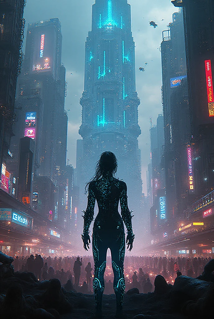The cover art for "Fractured Worlds" features a strong, determined female protagonist, Nyx Ashford, in the foreground. Her cybernetic eye glows faintly, symbolizing her resilience and technological prowess. Behind her looms the Great Wall, an immense, alien barrier that divides the planet. One side of the Wall shows a dystopian cityscape in ruins, while the other reveals a mysterious, alien landscape shrouded in eerie shadows. The sky above is dark and turbulent, with ghostly alien ships  visible. The title "Fractured Worlds" is bold and futuristic, positioned prominently at the top, reflecting the novel's sci-fi themes.