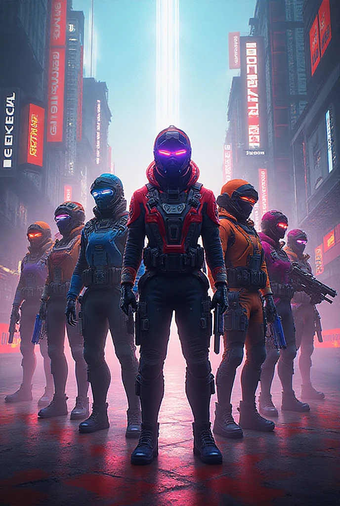 Reunion of man, team, squad, cyberpunk, abstract, full hd render + 3d octane render +4k UHD + immense detail + dramatic lighting + well lit + black, purple, blue, pink, cerulean, teal, metallic colours, + fine details + octane render + 8k --auto