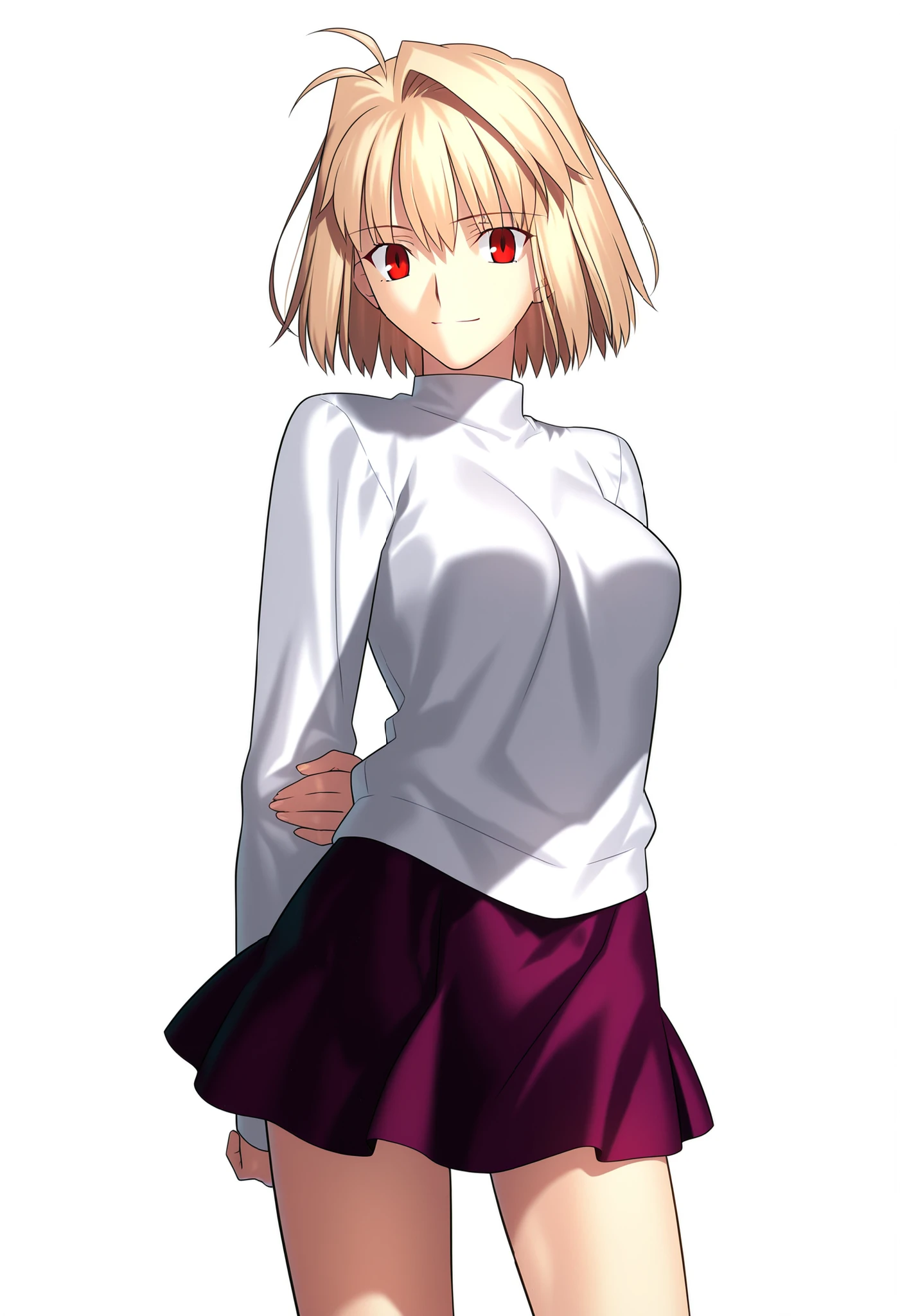 ultra quality, ultra detailed, masterpiece, 8k, in Takeuchi Takashi style, Arcueid Brunestud, purple skirt,(white background, simple background), cowboy shot,