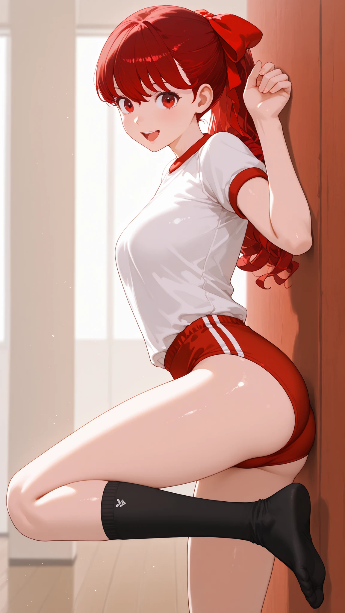 1 Girl,Kasumi Yoshizawa,(((side shot:1.5))),stick out your butt,soft iris grow:1.3,black middle socks,masterpiece,full shot of,long shot,beautiful red gradation eyes,Seen diagonally from the front,Soft Colors,((happy smile:1.4)),Open His Mouth,((perfect red buruma:1.4)),smooth texture from outside Europe:1.3,(),Photorealistic:1.4,throw,(C cup), Red Eyes,Bang,赤い髪, Middle Ponytail,short hair,(red hair bow :1.7),(red and white short sleeve gym clothes:1.3),(black middle socks),gym,((hands on wall:1.4)),bends elbows,bend one leg and grab your toe,soft:1.3,top quality, great quality, is very aesthetic, very high resolution, Waist,Newest, slender:1.7,small hip,((Beautiful Women)),((((low contrast:1.5))),low contrast:1.2,volumetric lighting:1.6,backlighting:1.6