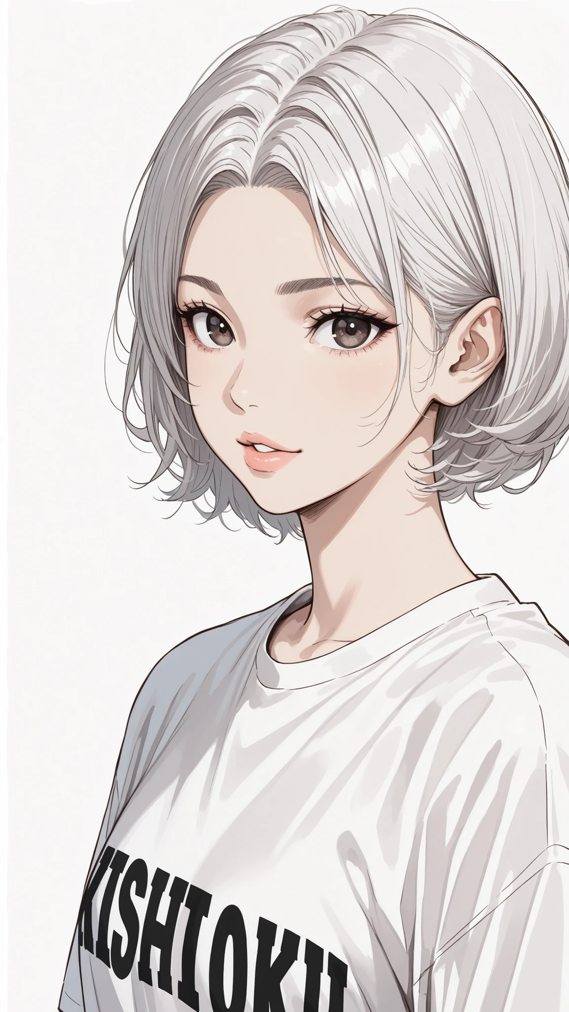side views,solo,girl,White Frizzy + Spiky+ Wavy short hair,flat bangs,white striped gray hair,Tees,Natural Cosmetics,adults with cute faces ,full lips,(Line art),sketch,slam dunk style,mono ,(viewers:1.3),white background,manga style
