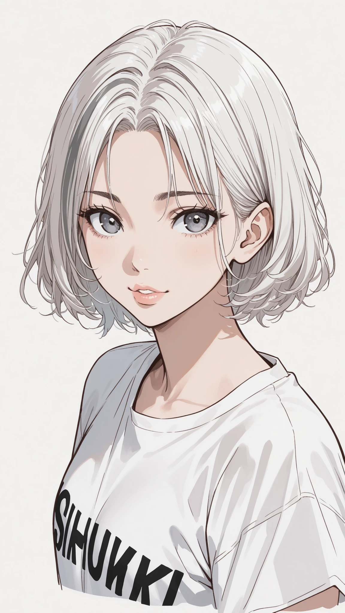 side views,solo,girl,White Frizzy + Spiky+ Wavy short hair,flat bangs,white striped gray hair,Tees,Natural Cosmetics,adults with cute faces ,full lips,(Line art),sketch,slam dunk style,mono ,(viewers:1.3),white background,manga style