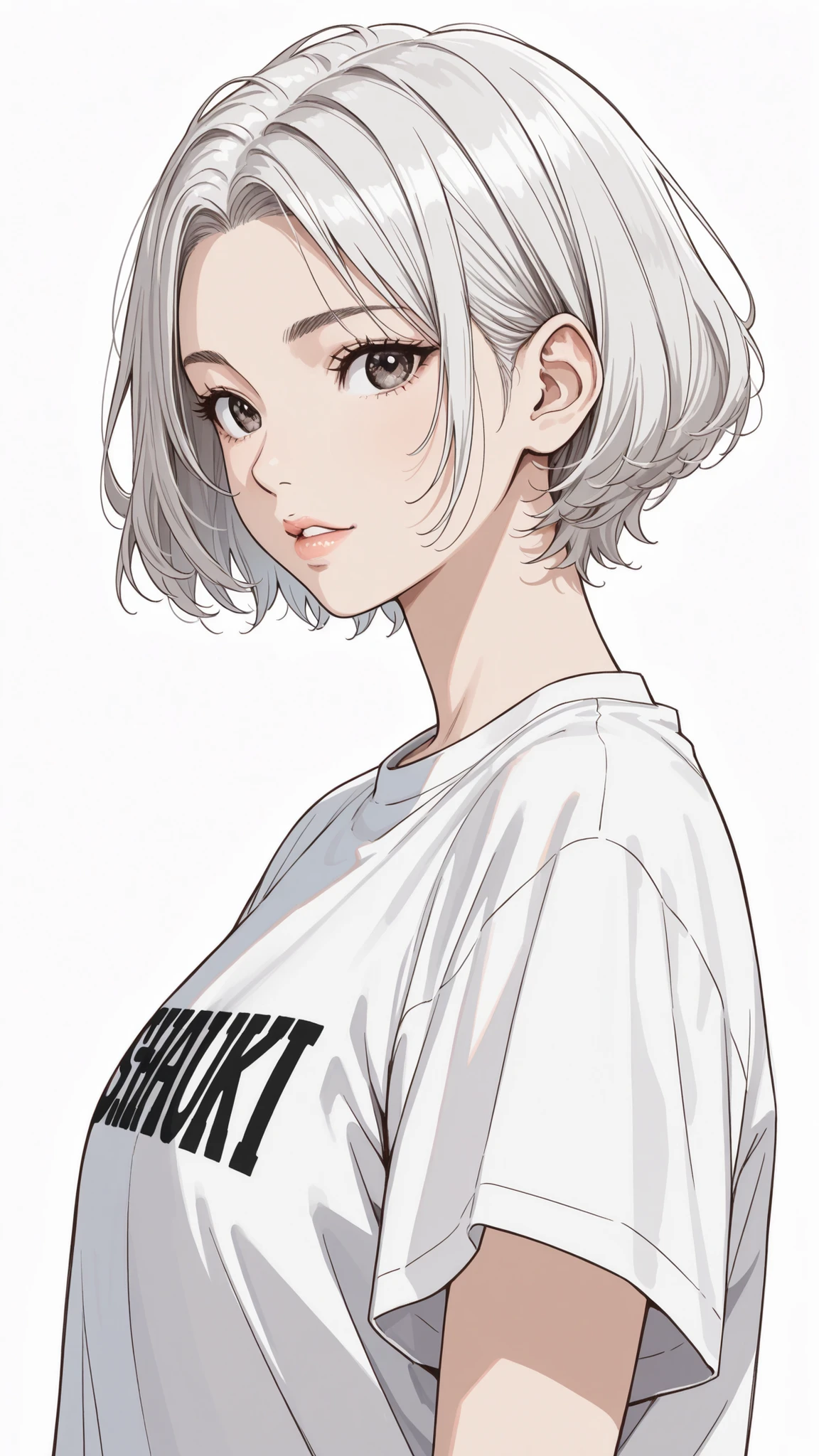 side views,solo,girl,White Frizzy  + Spiky+ Wavy short hair,flat bangs,white striped gray hair,Tees,Natural Cosmetics,adults with cute faces ,full lips,(Line art),sketch,slam dunk style,mono ,(viewers:1.3),white background,manga style