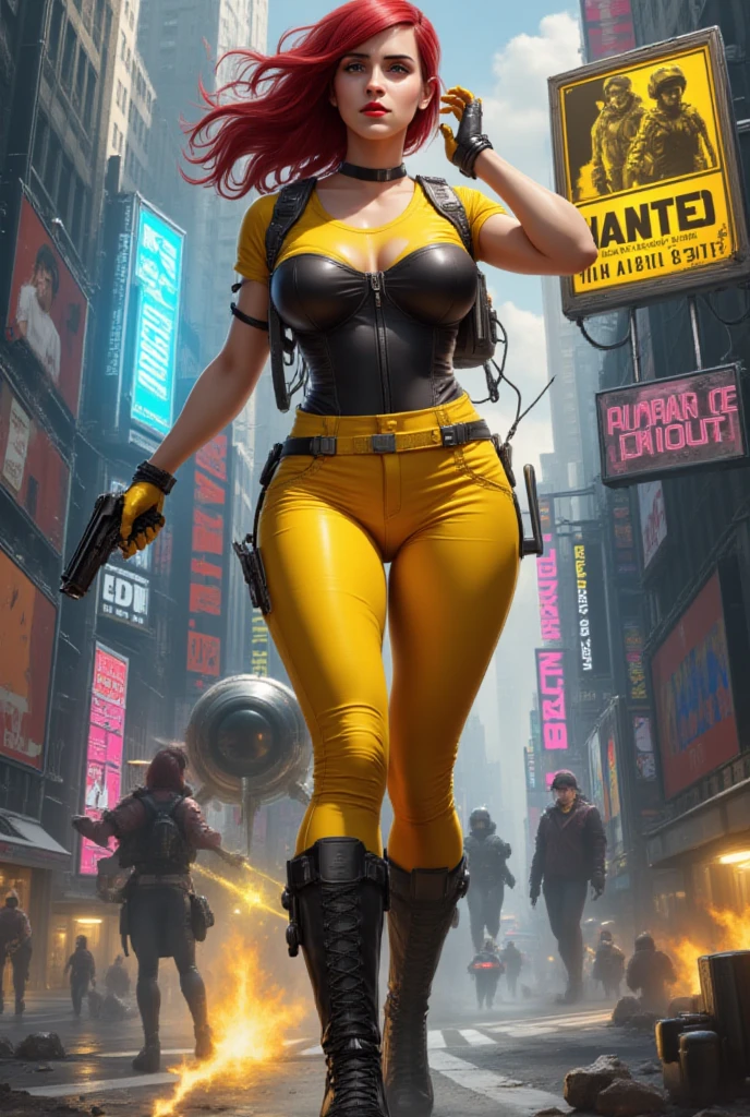 American World War II poster, Gil Elvgren style ((USA Poster, American Poster)) (((A young woman with straight dark hair long size up to her waist in superhero pose))) ((detailed outfit entirely red with gold)) (cars in the background of the image) (((robotic left arm)) (((cyberpunk arm))propaganda Poster, hero uniform, 1 girl, solo, good body, poster design,  poster art style. 1980s, 1950s, 1960s, 1940s, basic color scheme, very colorful poster, colorful art, third rule, inspiring, woman, 1 25-year-old girl, hair blowing in the wind, looking at the viewer, blurred background, thick legs, green eyes, (wide ????:1.2), (chubby:1.2), (????????????:1.3),