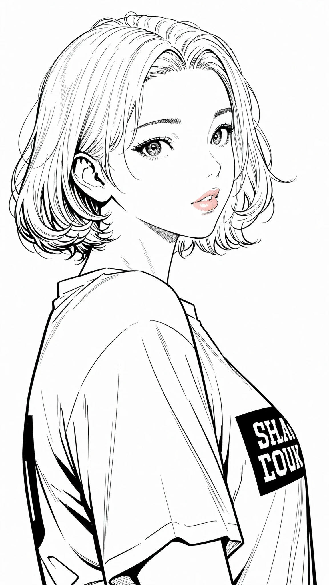 side views,solo,girl,White Frizzy  + Spiky+ Wavy short hair,flat bangs,white striped gray hair,Tees,Natural Cosmetics,adults with cute faces ,full lips,(Line art),sketch,slam dunk style,mono ,(viewers:1.3),white background,manga style