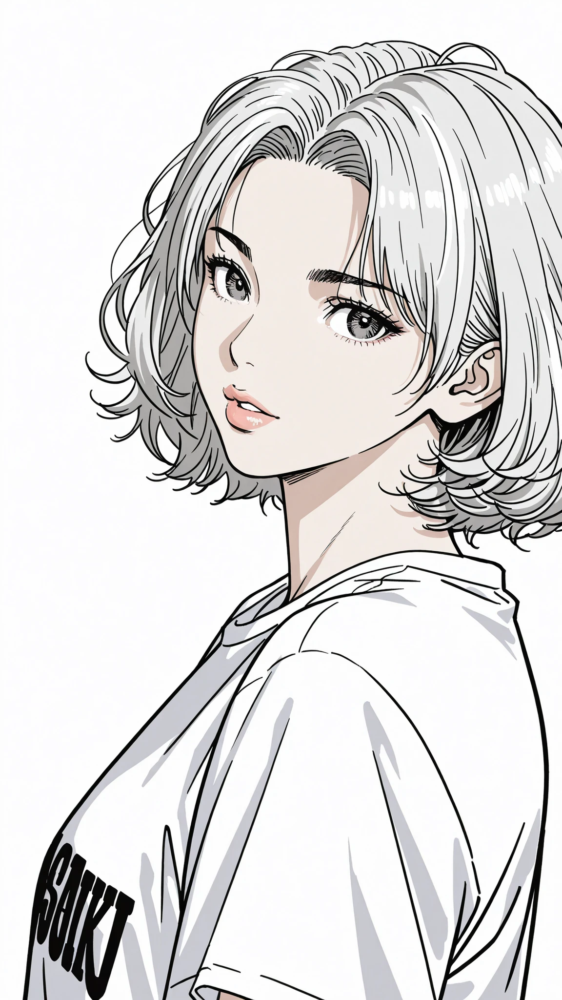 side views,solo,girl,White Frizzy + Spiky+ Wavy short hair,flat bangs,white striped gray hair,Tees,Natural Cosmetics,adults with cute faces ,full lips,(Line art),sketch,slam dunk style,mono ,(viewers:1.3),white background,manga style
