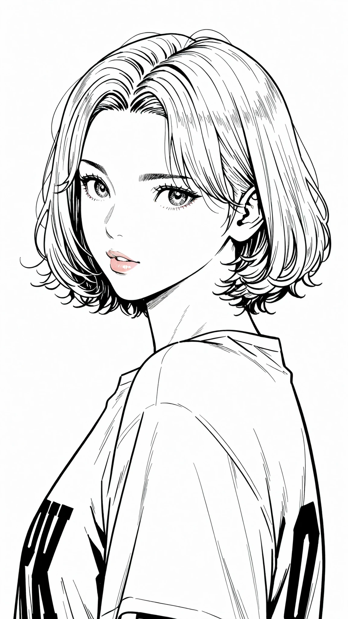 side views,solo,girl,White Frizzy  + Spiky+ Wavy short hair,flat bangs,white striped gray hair,Tees,Natural Cosmetics,adults with cute faces ,full lips,(Line art),sketch,slam dunk style,mono ,(viewers:1.3),white background,manga style