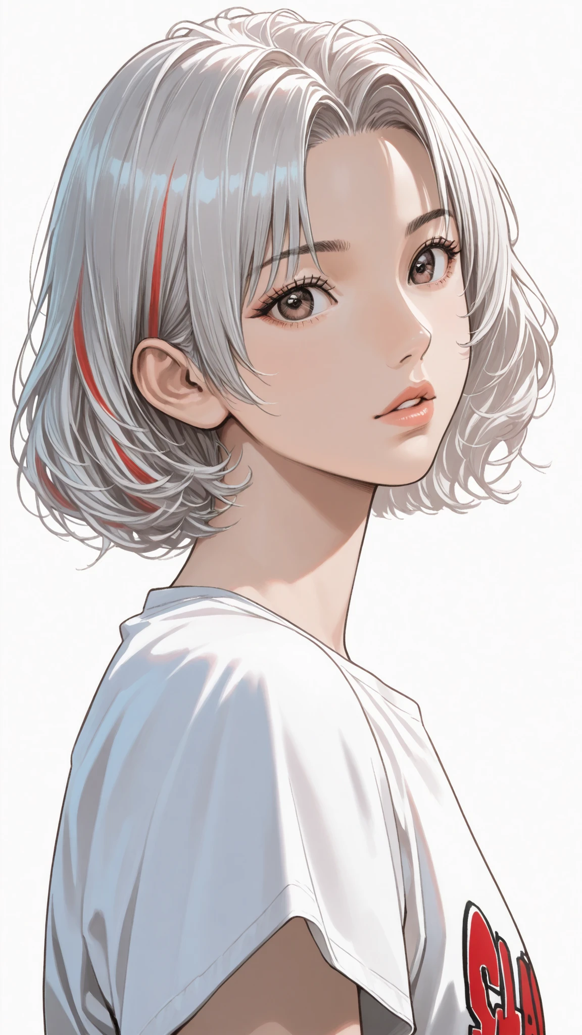 side views,solo,girl,White Frizzy  + Spiky+ Wavy short hair,flat bangs,white striped gray hair,Tees,Natural Cosmetics,adults with cute faces ,full lips,(Line art),sketch,slam dunk style,mono ,(viewers:1.3),white background,manga style