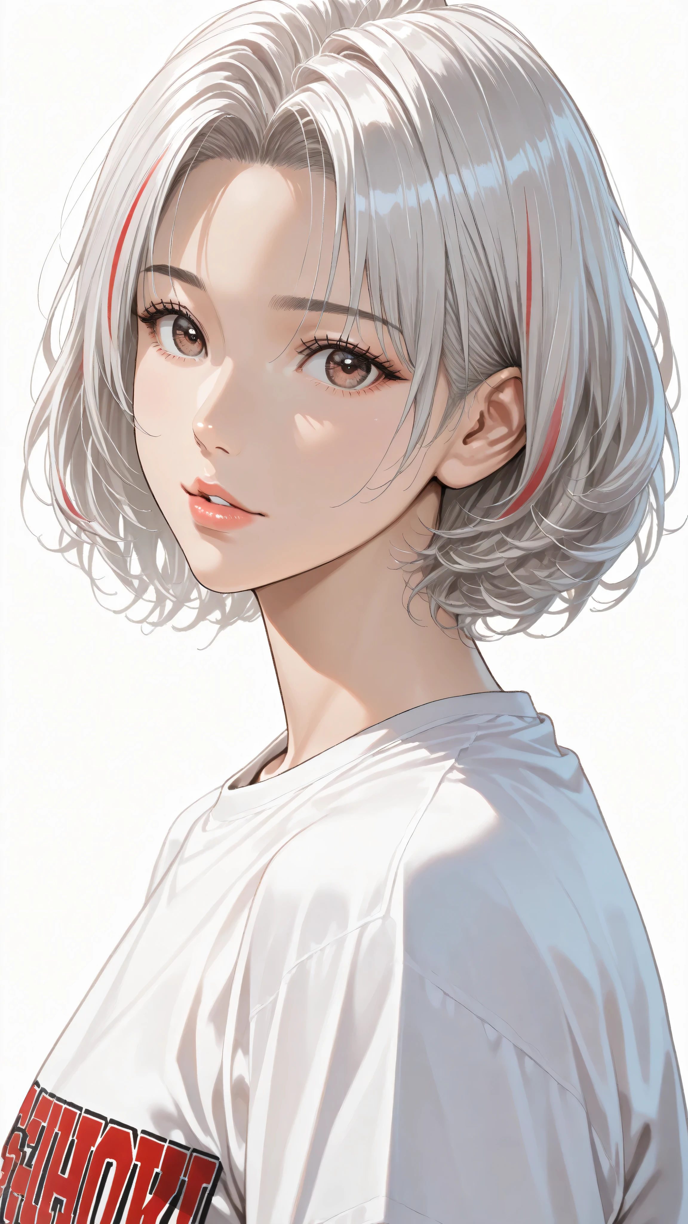 sideview,solo,girl,white frizzy+ spiky+ wavy short hair,parted bangs,white color streaked gray hair,t-shirts,natural cosmetic,adult cute face,full lips,(lineart),sketch,slam dunk style,mono,(looking at viewer:1.3),white background,manga style