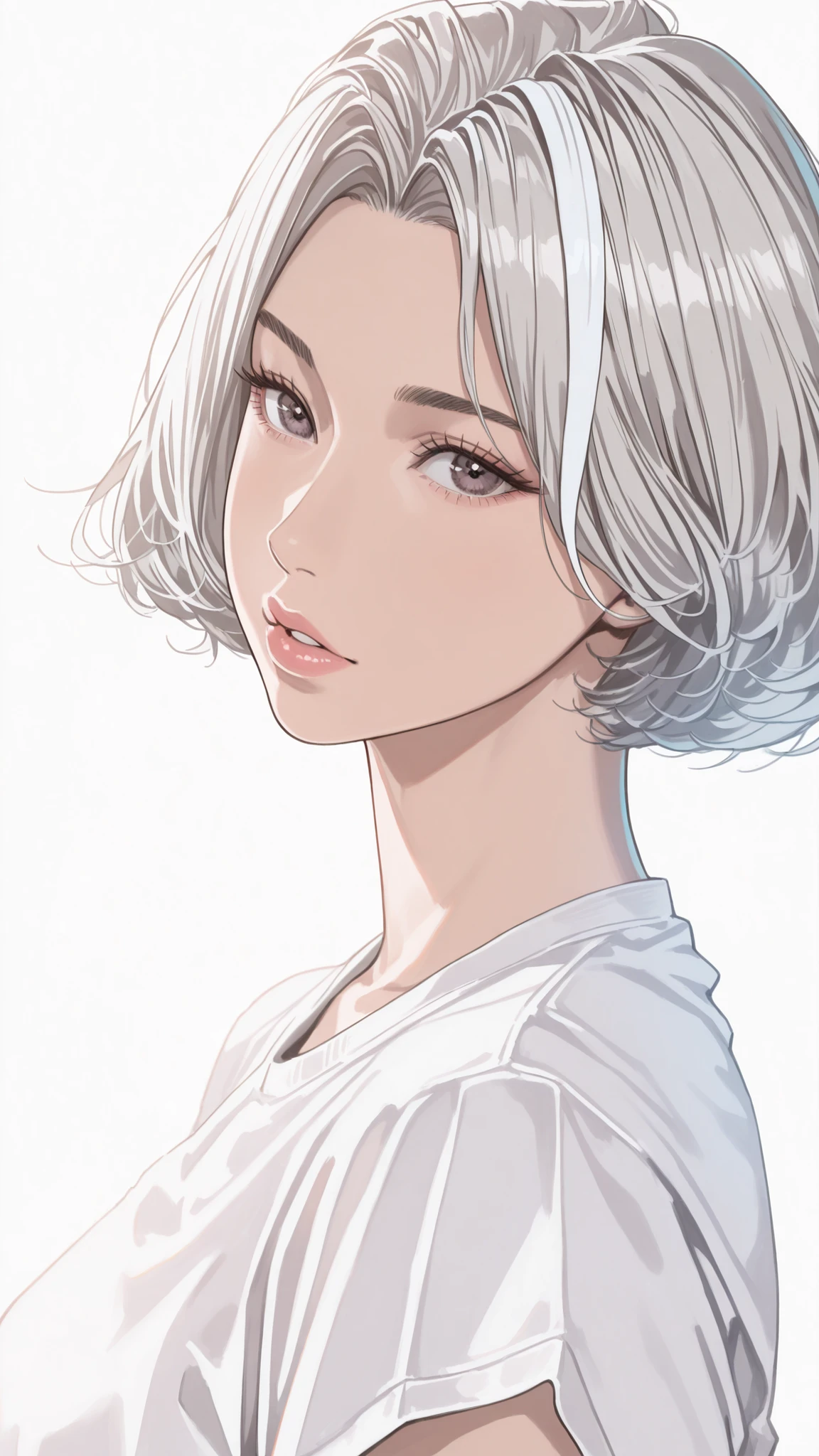 side views,solo,girl,White Frizzy  + Spiky+ Wavy short hair,flat bangs,white striped gray hair,Tees,Natural Cosmetics,adults with cute faces ,full lips,(Line art),sketch,slam dunk style,mono ,(viewers:1.3),white background,manga style